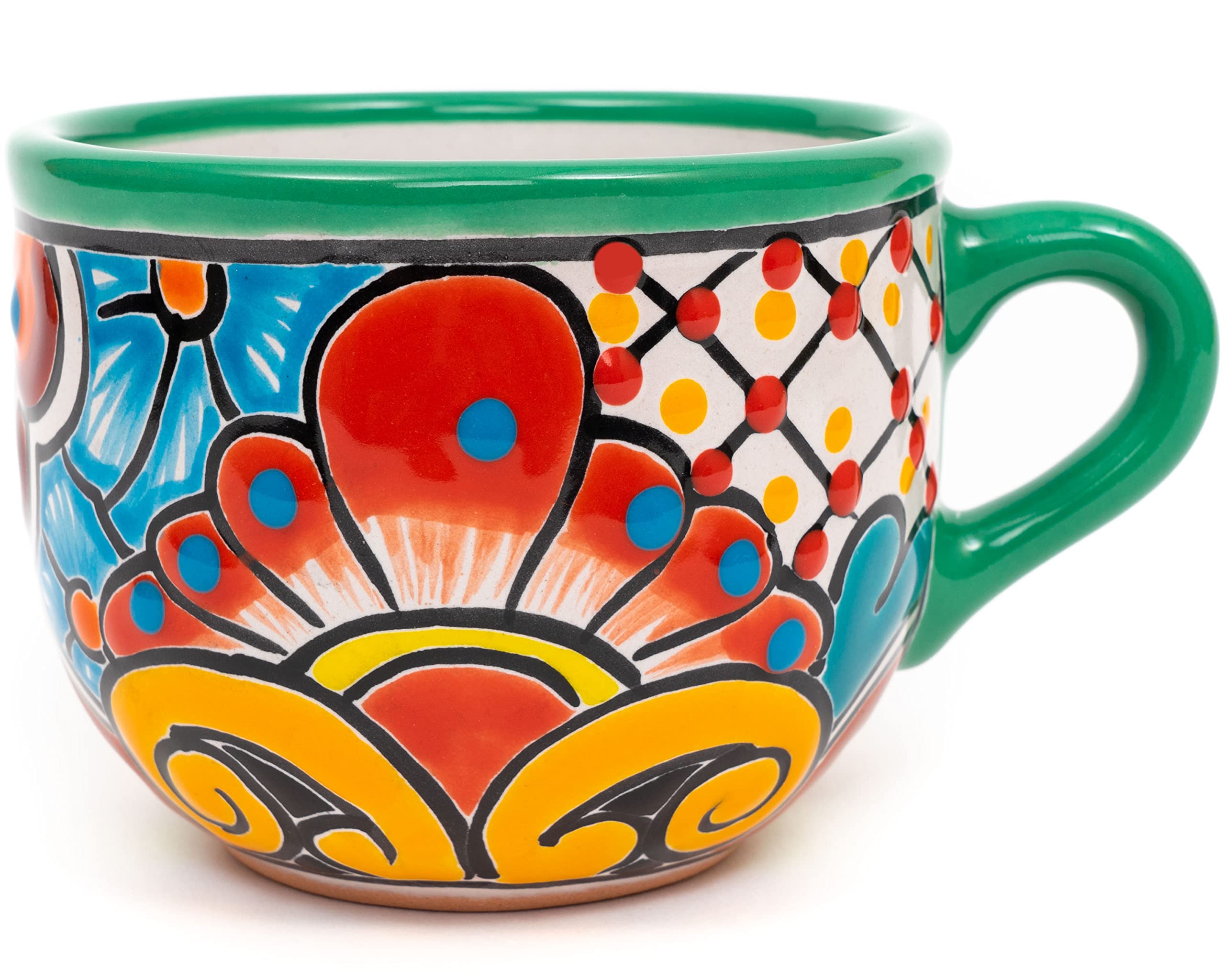 Hand-Painted Mexican Talavera Ceramic Coffee Mug - 16 oz Large Tea Cup for Hot Beverages, Soup & Hot Chocolate - Enchanted Green Design - Perfect for Home, Office & Gifts