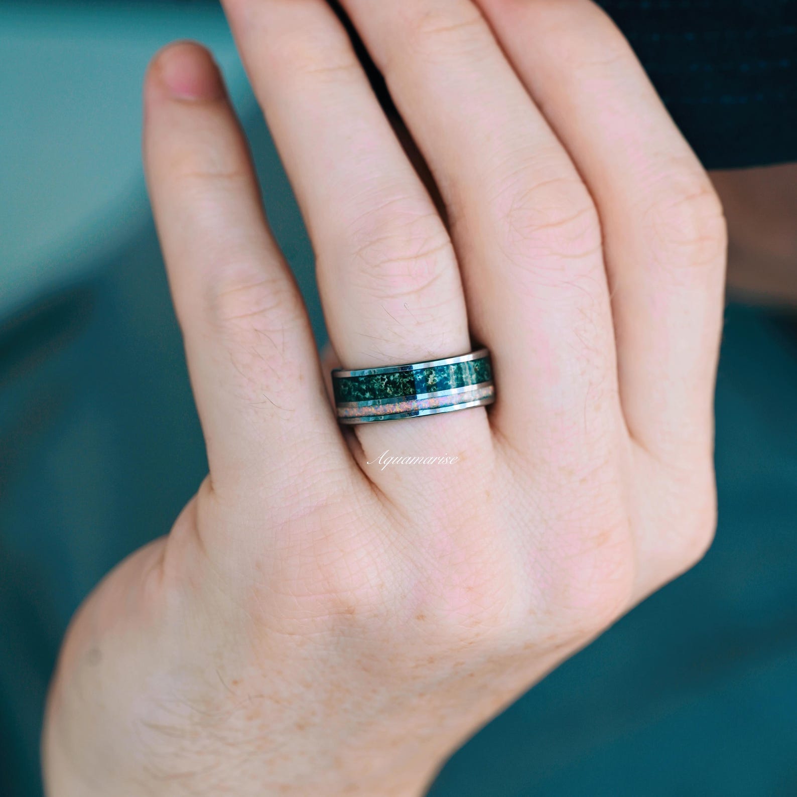 Green Moss Agate & Fire Opal Couple Rings for Women and Men - Handmade Sterling Silver Matching Promise Rings - Perfect for Anniversaries, Engagements and Romantic Gifts