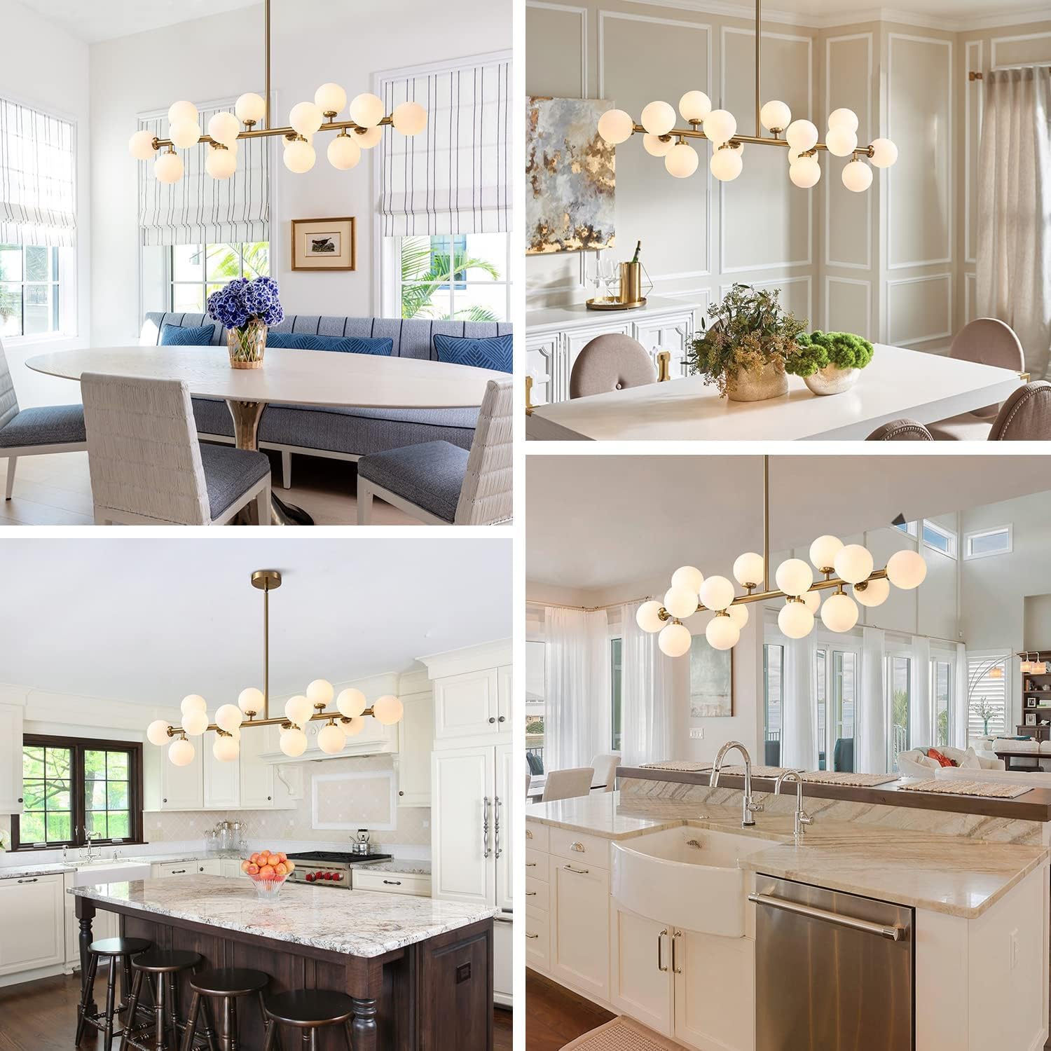 Mid Century Modern Gold Dining Room Chandelier - 16-Light Linear Pendant Lighting with White Glass Globe Shades for Kitchen Island, Dining Table & Living Room | Elegant Vintage Ceiling Light Fixture