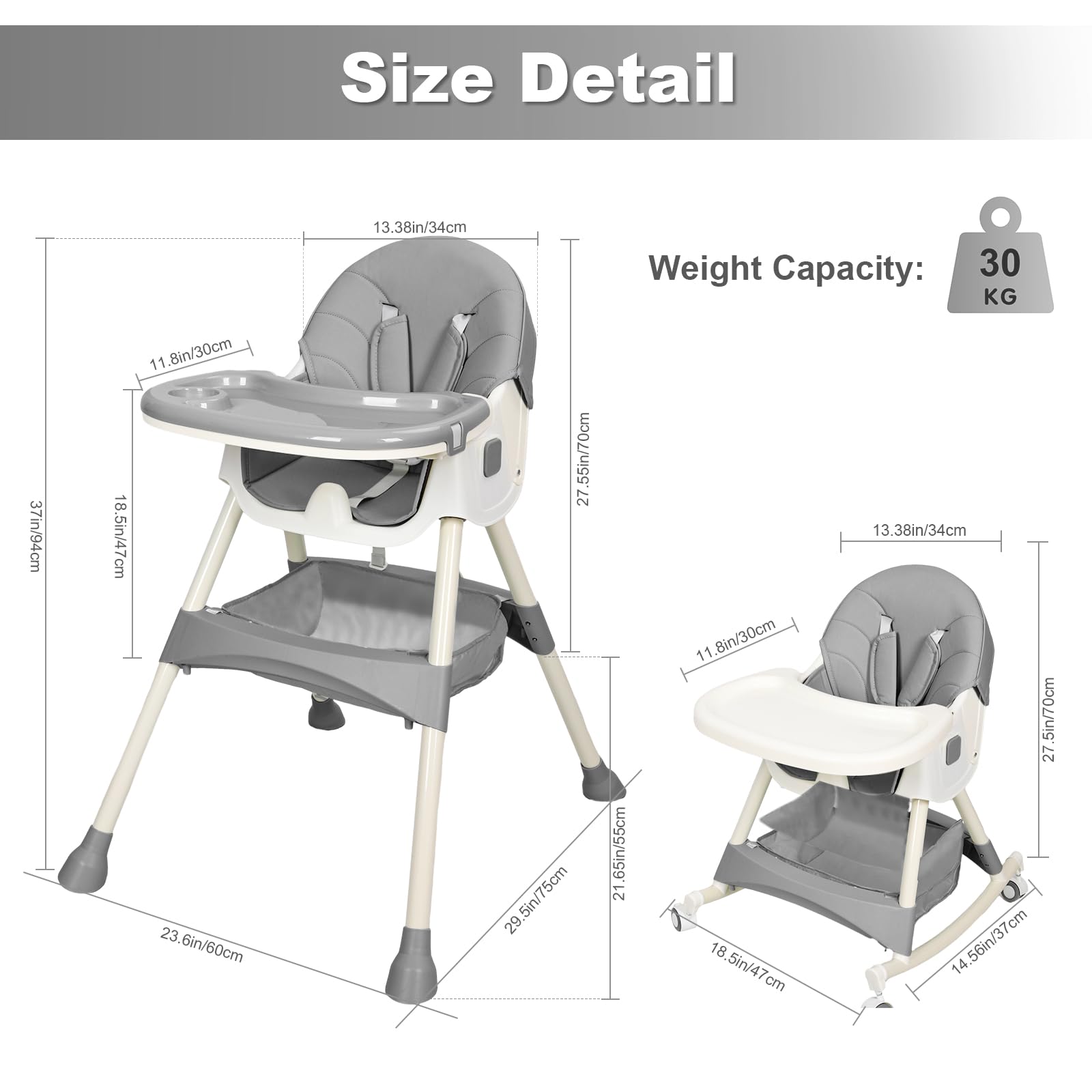 4-in-1 Convertible Baby High Chair with Adjustable Height & Reclining Backrest - Removable Tray & Foldable Design for Infants & Toddlers - Perfect for Dining, Feeding & Playtime at Home or Travel