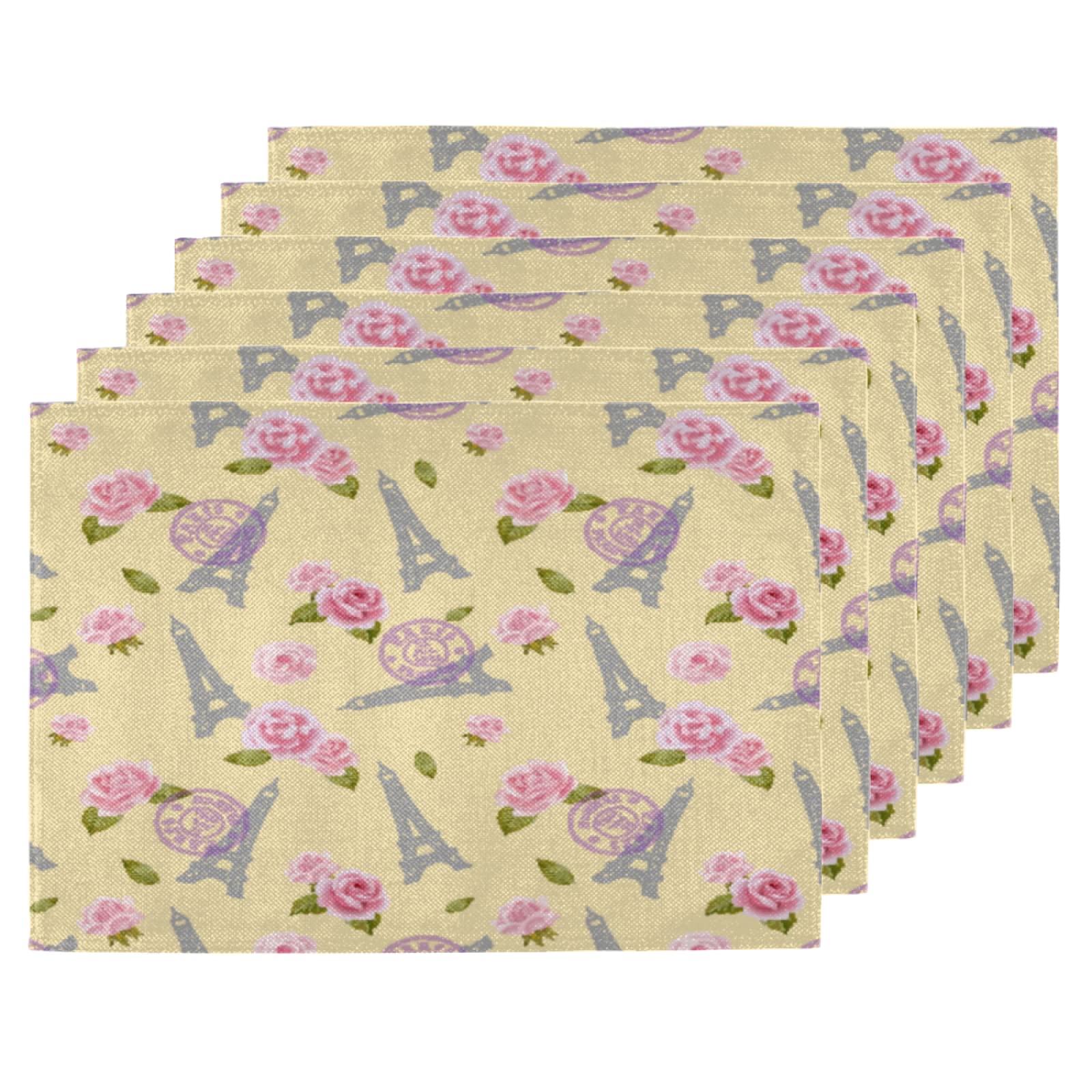 Eiffel Tower Rose Placemats Set of 6 - Double Sided Heat-Resistant Washable Table Mats for Dining Table Decor | Paris Theme Kitchen & Farmhouse Style | Perfect for Holiday Parties, Romantic Dinners & Home Decor