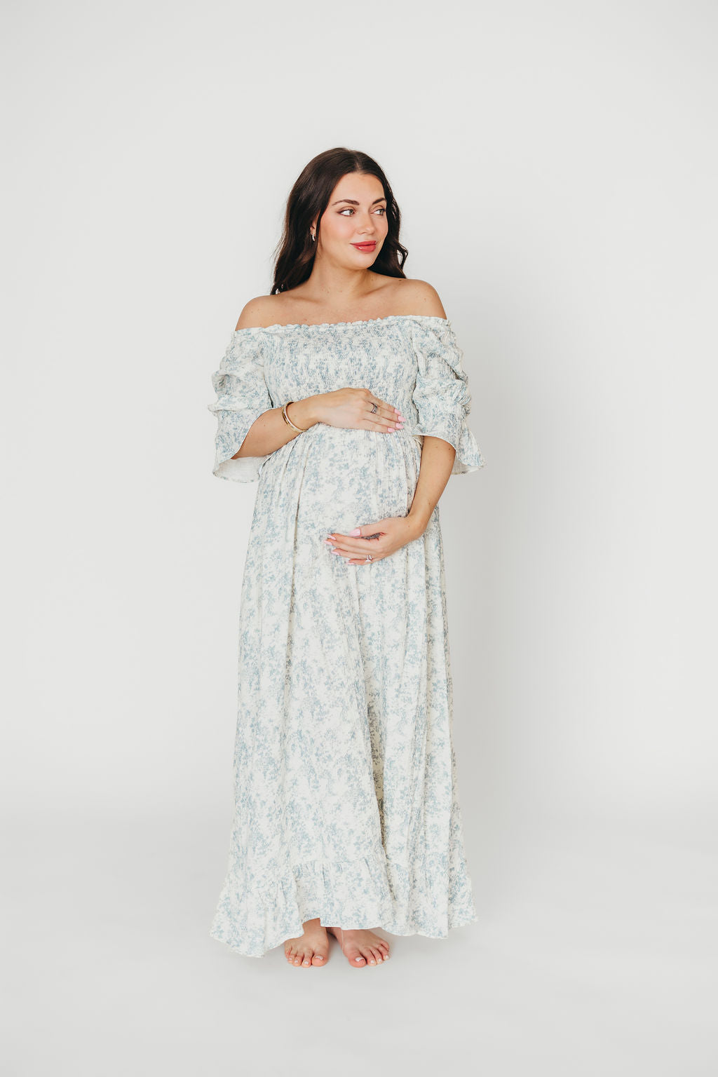 Sienna 100% Cotton Puff Sleeve Maxi Dress - Blue Floral Print Maternity Dress for Pregnancy | Bump Friendly, Comfortable & Stylish for Summer, Beach, Vacation & Special Occasions