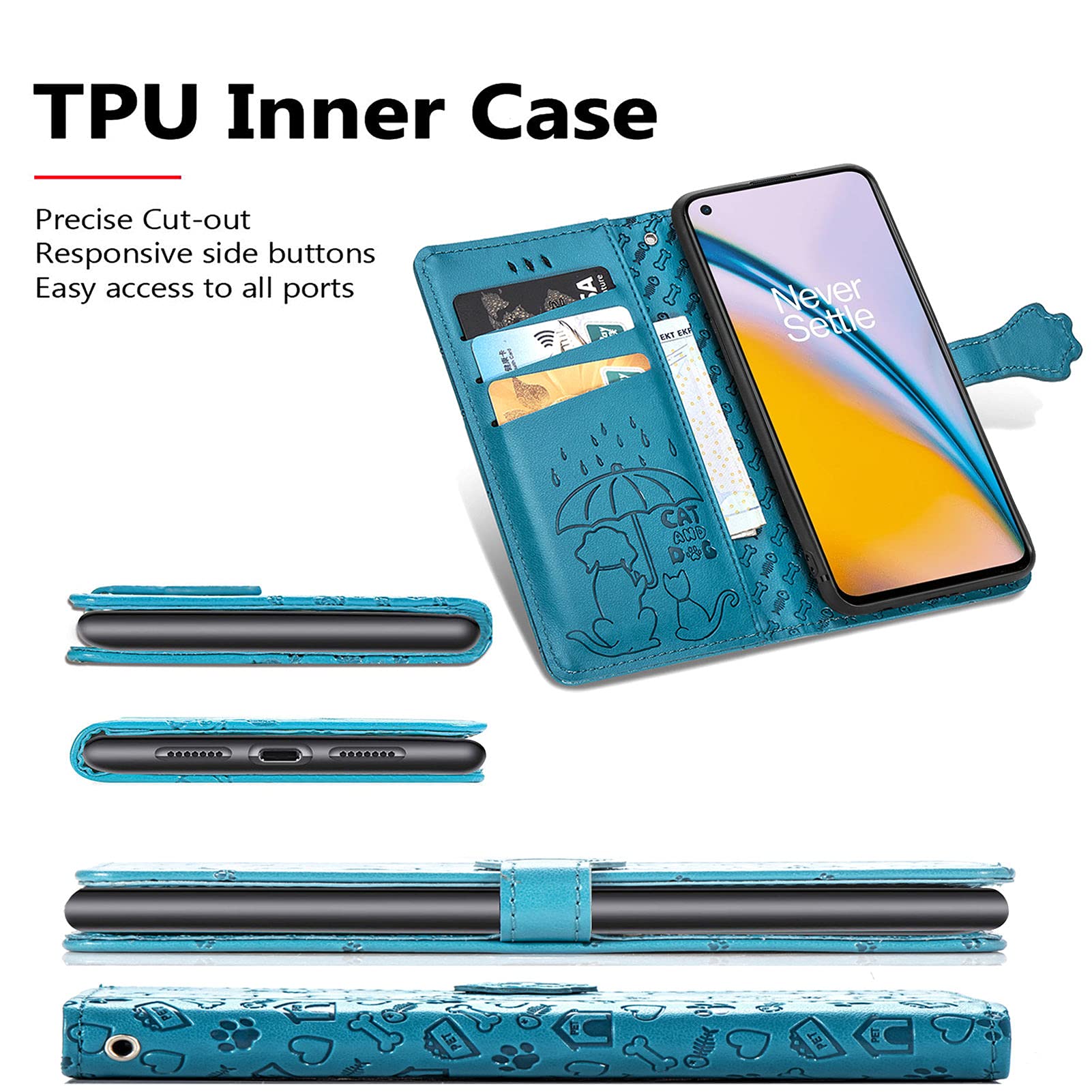 Cute Cartoon Wallet Case for OnePlus Nord 2 5G - Cat & Dog Style Flip Cover with ID Card Holder, PU Leather Phone Case (MG Blue) - Perfect for Daily Use, Travel & Work