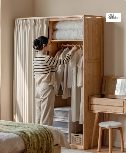 Oak Solid Wood Wardrobe with Curtain Design - Elegant Closet Storage for Bedroom, Living Room & Dorm Organization