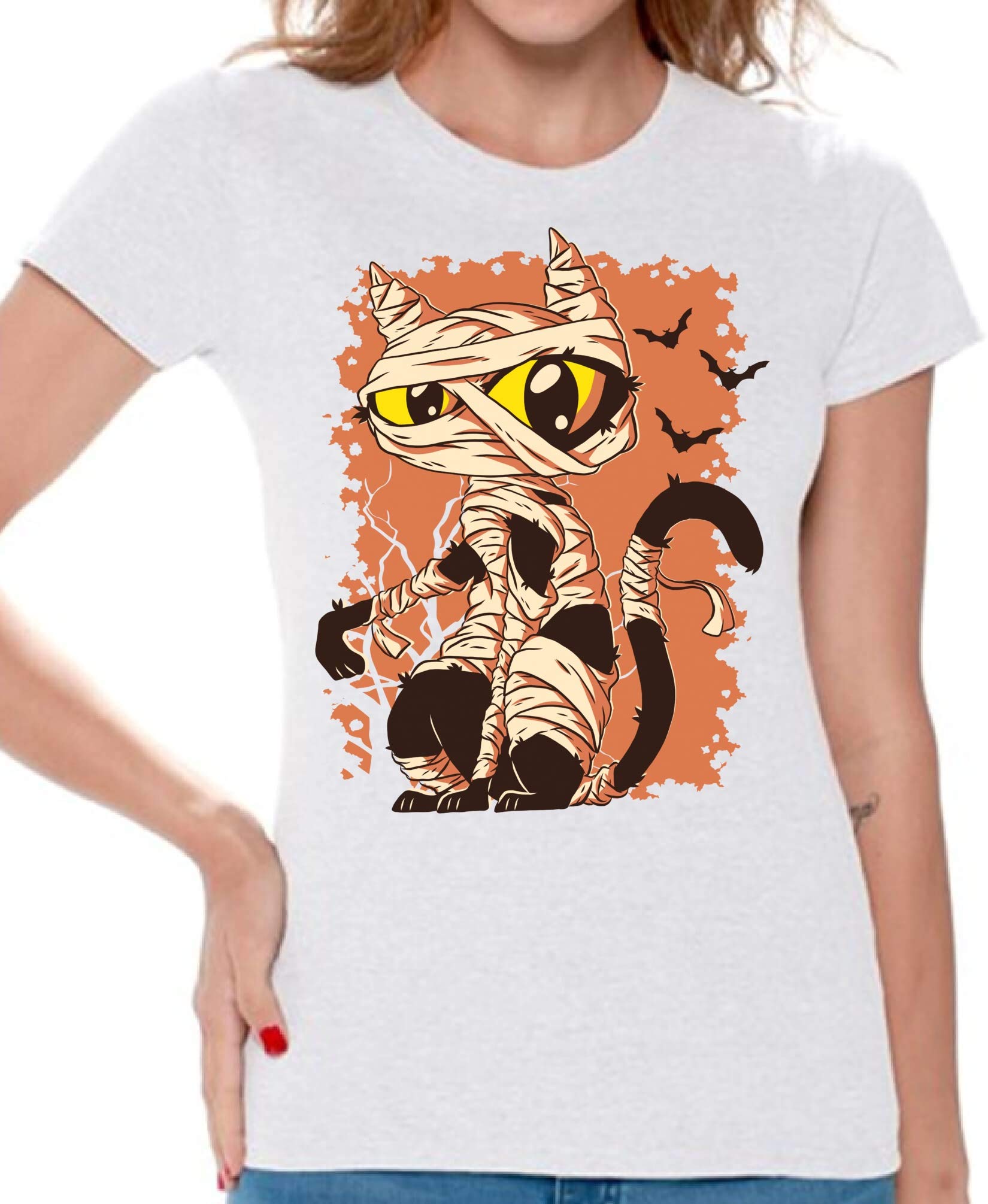 Halloween Mummy Cat T-Shirt for Women - Cute & Spooky Graphic Tee - Perfect for Halloween Parties, Costume Contests & Fall Festivals