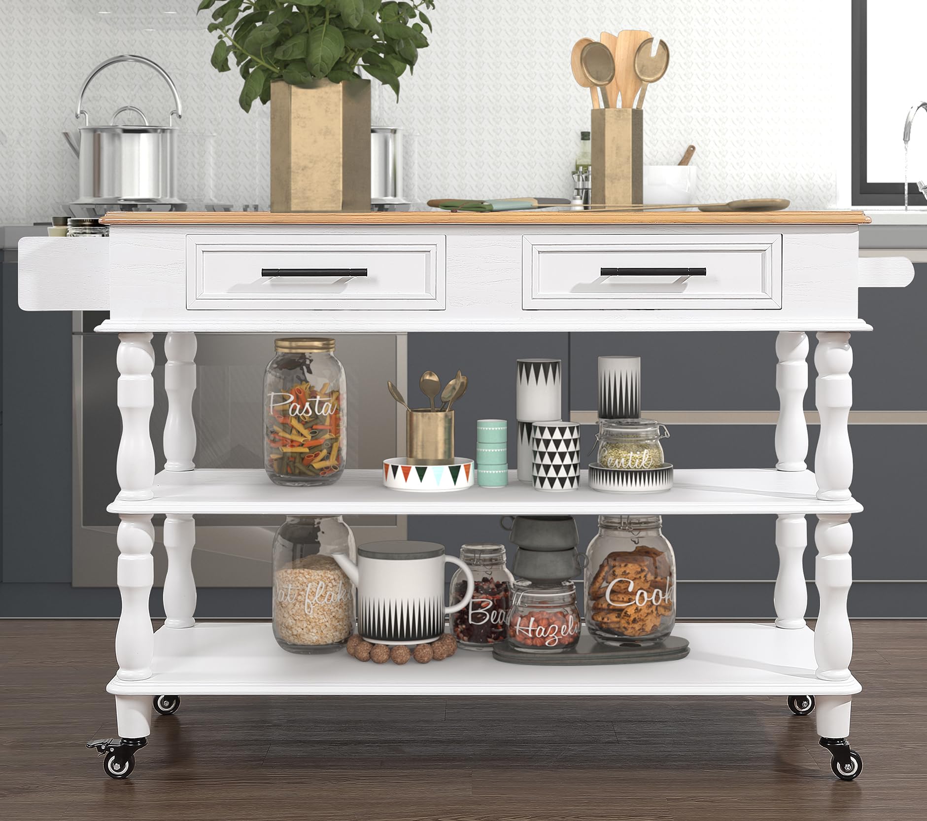 56 Inch Solid Oak Wood Kitchen Island Cart with 2 Drawers & Storage Shelves - Rolling Kitchen Cart with Wine Rack, Spice Organizer - White - Perfect for Small Kitchens, Dining Rooms & Home Bar Setup