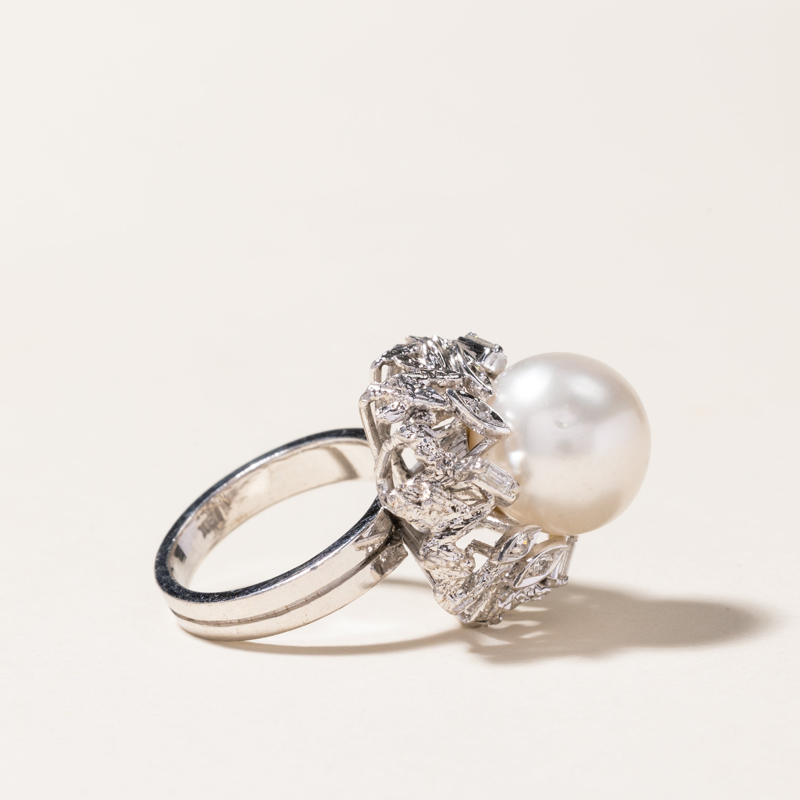Elegant Pearl & Diamond Cocktail Ring - 11.60mm Round White Pearl with 0.09ctw Diamond Accents - Size 4.5 - Perfect for Evening Parties, Weddings & Special Occasions