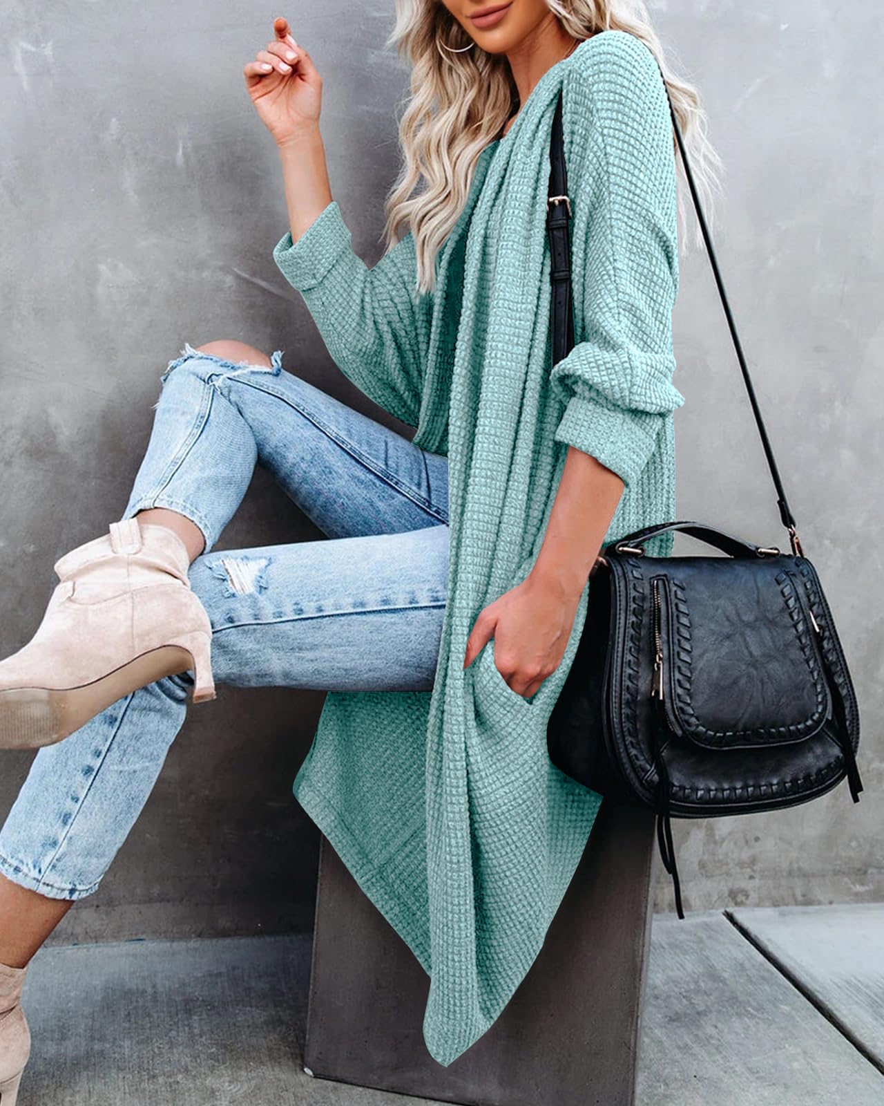 ZoeAce Women's Open Front Knit Cardigan - Long Batwing Sleeve Oversized Sweater with Chunky Waffle Cable & Boho Pockets - Cozy Fall Winter Coat for Casual Outfits, Office Wear and Layering