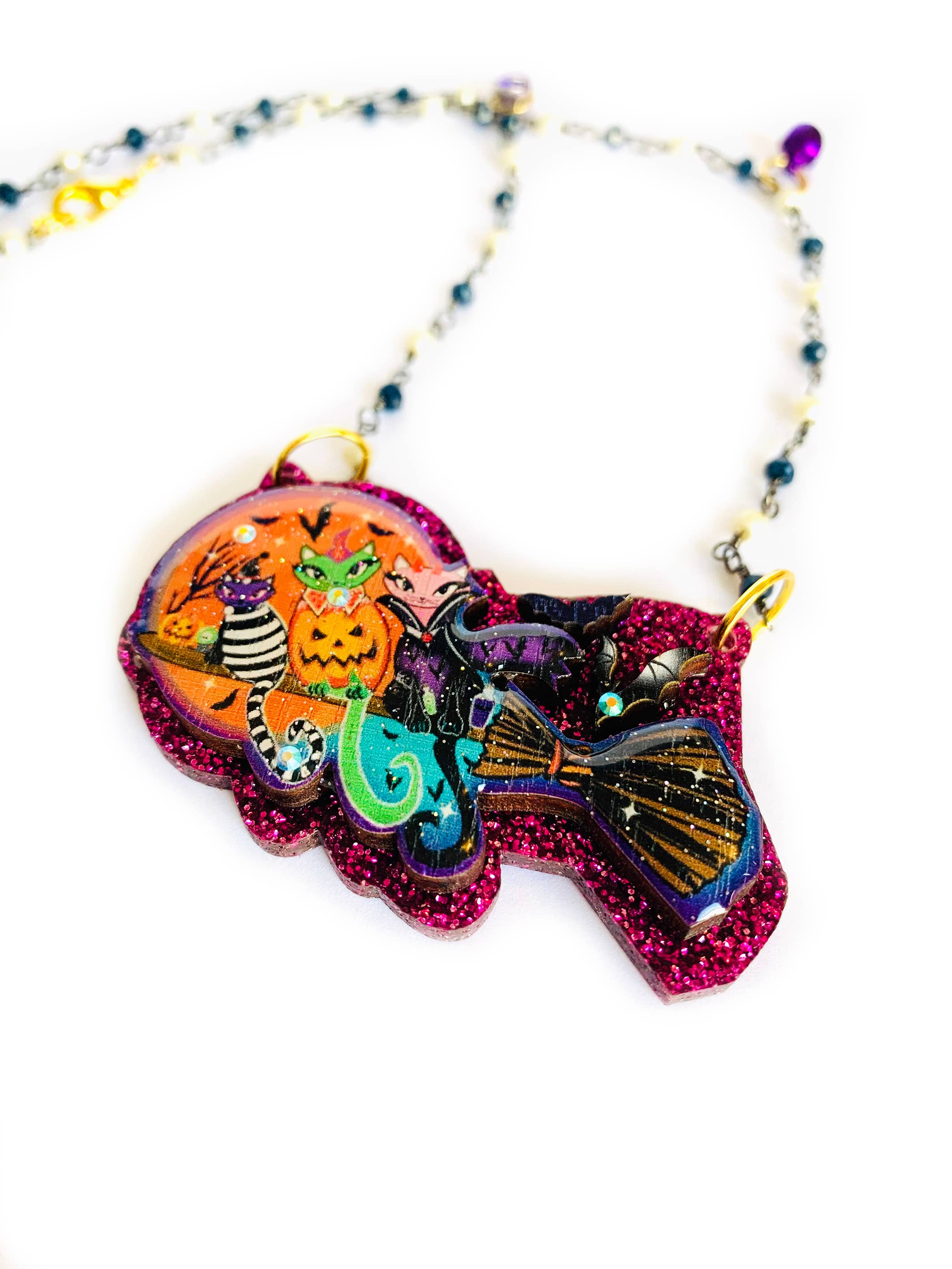Rosie Rose Parker Cats on a Broom Necklace - Halloween Cat Witch Jewelry for Women, Perfect for Halloween Costume Accessories & Witchy Fashion