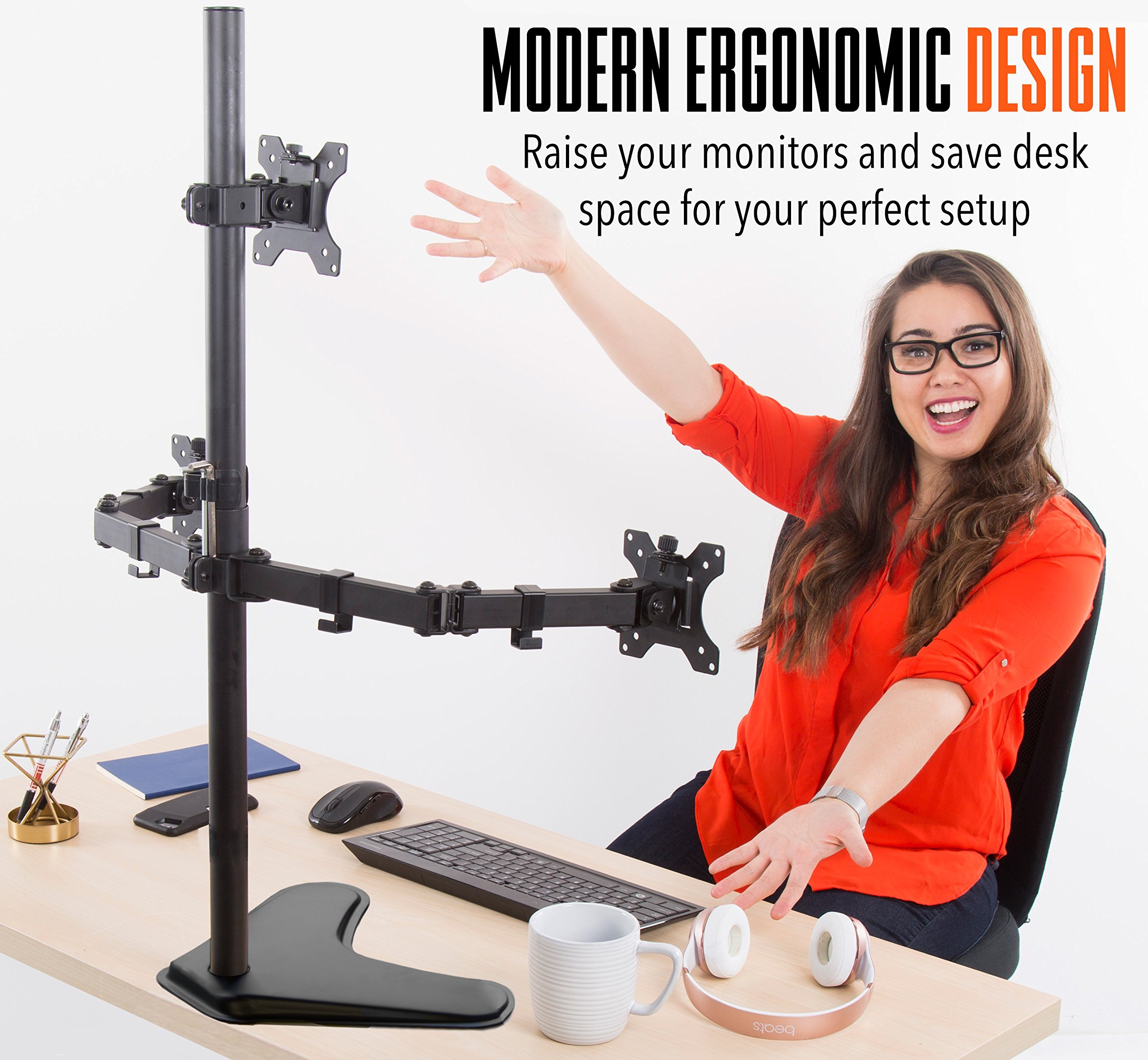 Stand Steady Triple Monitor Desk Stand with Tabletop Base - Adjustable Height & Full Articulation VESA Mount for 13-32 Inch LCD/LED Screens | Perfect for Home Office, Gaming & Workstation Setup