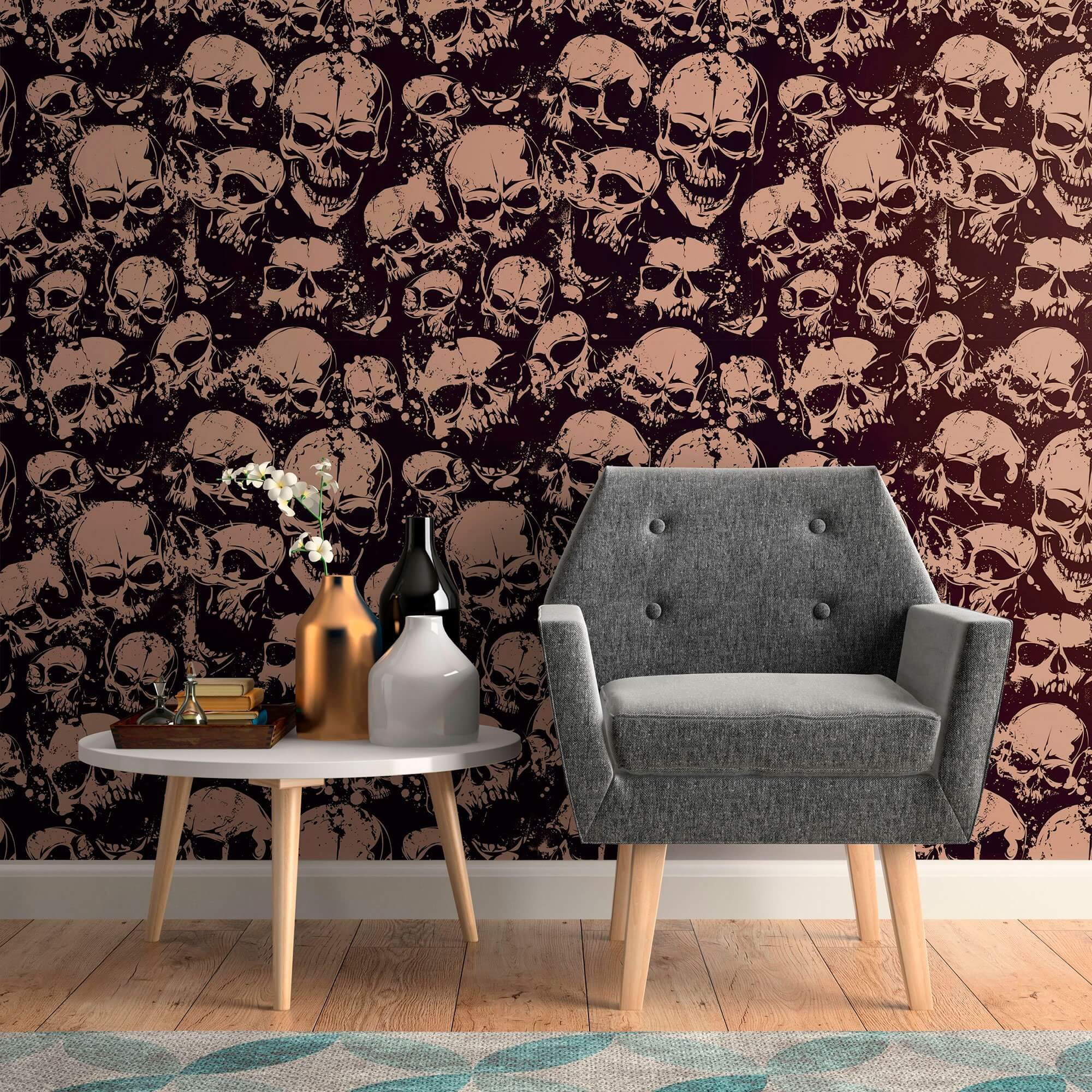 Black and Tan Skulls Peel and Stick Removable Wallpaper for Teens - Gothic Bedroom Decor, Dorm Room, Halloween Party Decoration