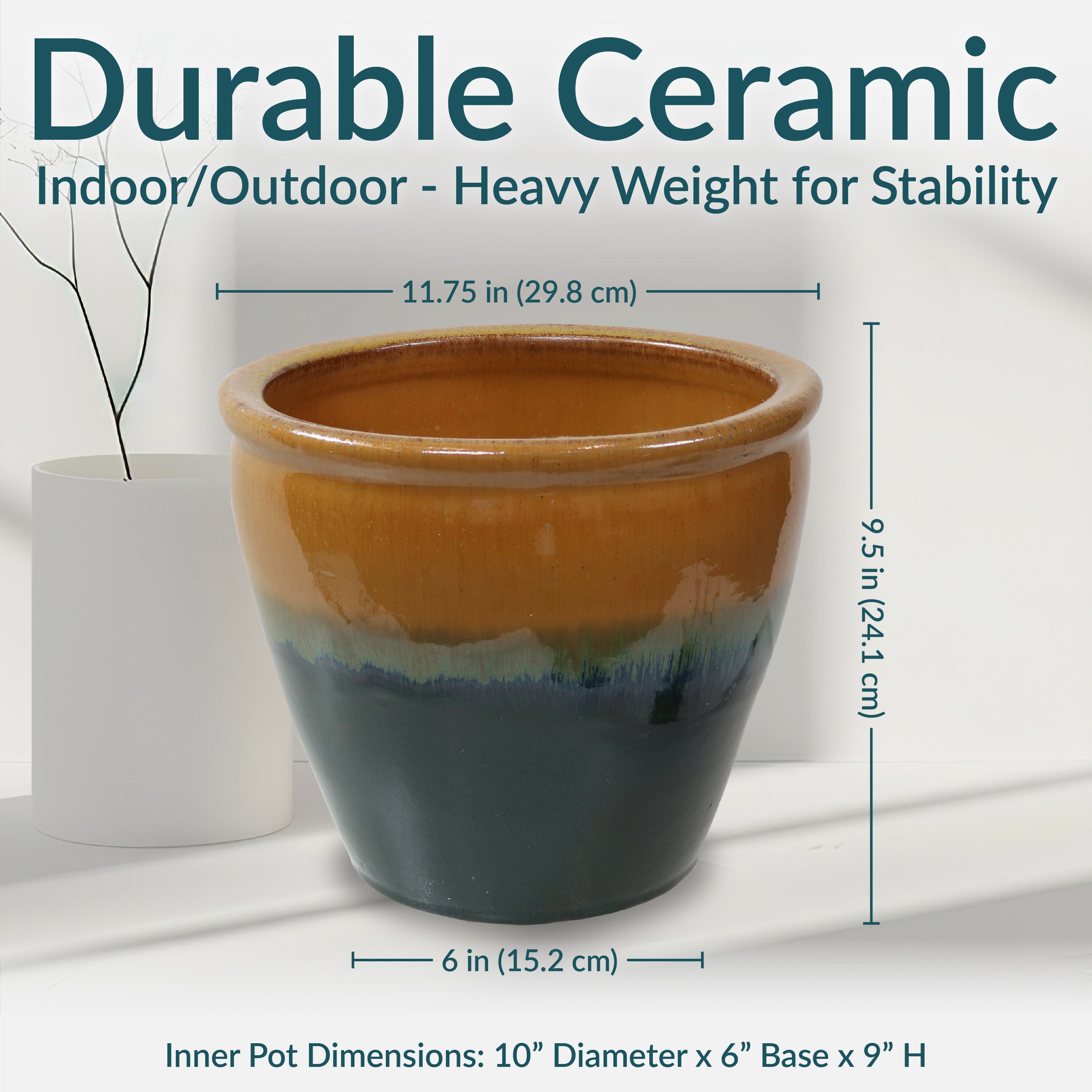 Sunnydaze Chalet Glazed Ceramic Plant Pots with Drainage Holes - Set of 2, Indoor Outdoor Garden Decor for Flowers, Succulents, Herbs - Perfect for Patio, Balcony, and Home Décor