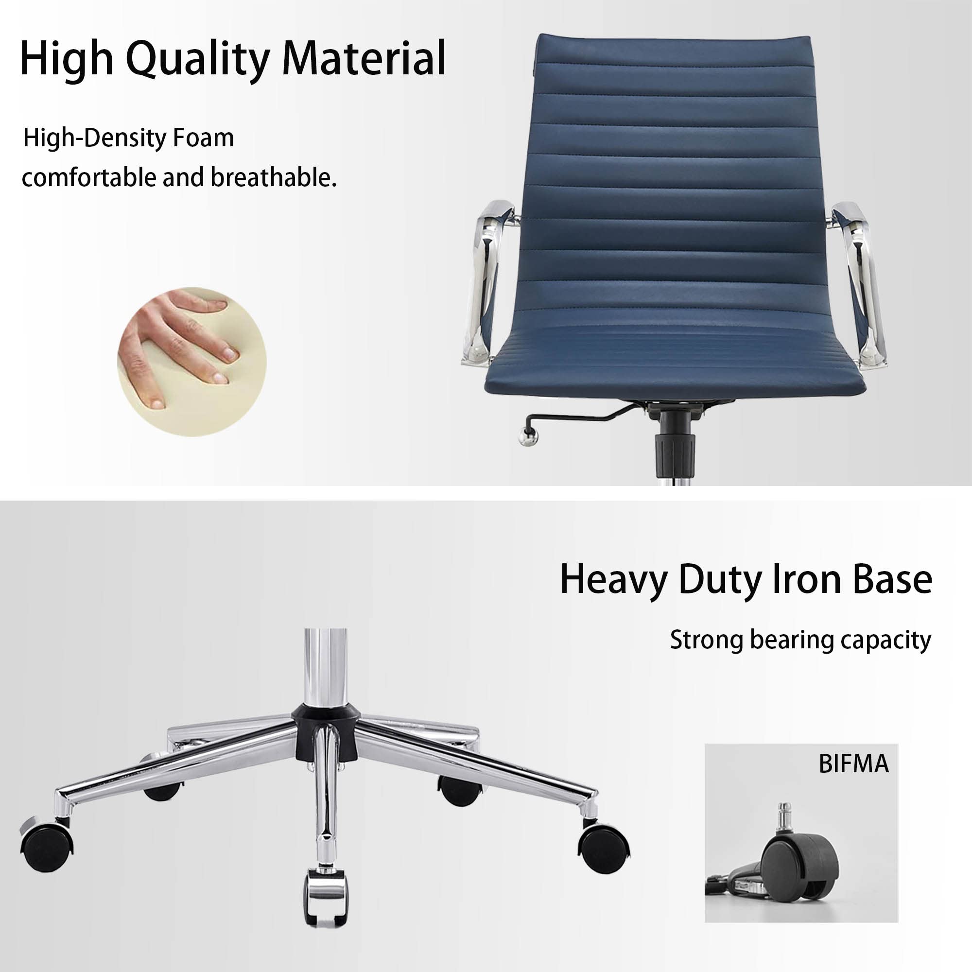 Ergonomic Leather Office Chair - Modern Swivel Executive Desk Chair with Ribbed Back Support for Home & Conference Room - Navy Blue (Perfect for Long Work Hours & Video Meetings)