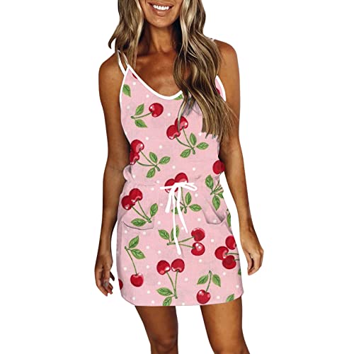 FORUU Women's Summer V-Neck Striped Mini Dress - Spaghetti Strap Sleeveless Drawstring Pocket Tank Dress for Beach, Vacation & Casual Wear