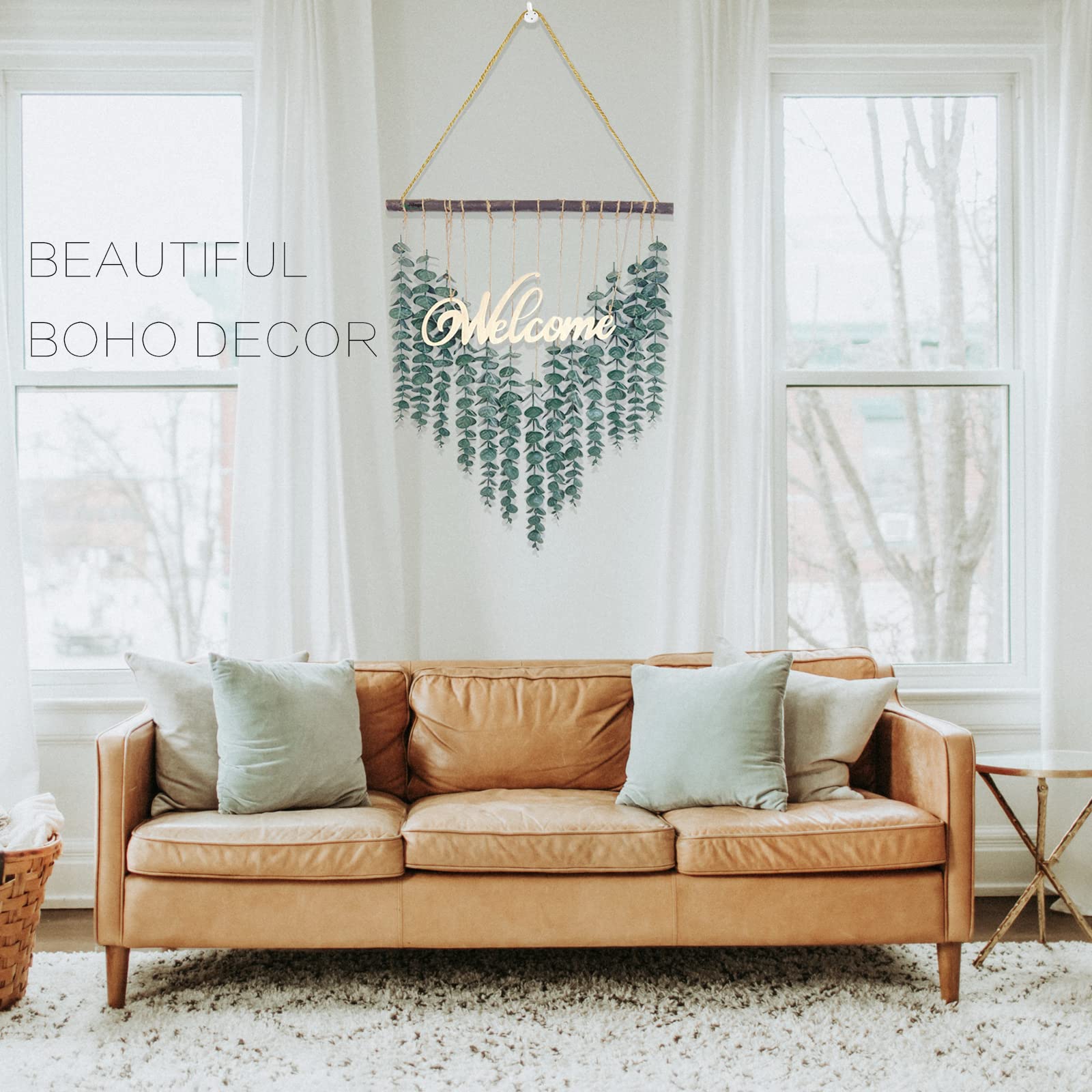 Artificial Eucalyptus Wall Decor - Fake Eucalyptus Greenery Hanging - Boho Welcome Sign for Bedroom, Bathroom, Living Room & Entryway - Perfect for Farmhouse, Rustic & Modern Home Decor