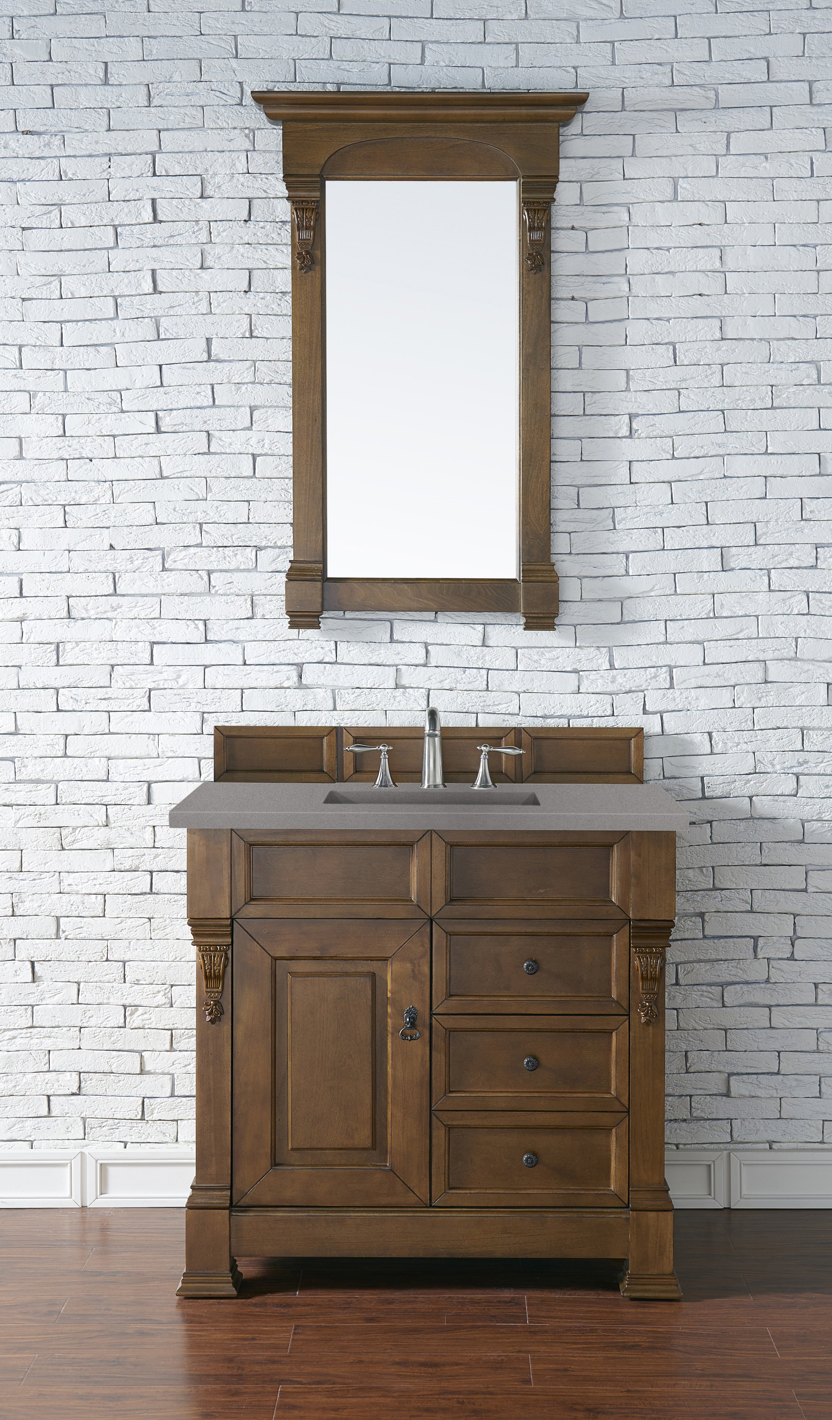 Brookfield 36 Inch Single Bathroom Vanity in Country Oak with 3CM Grey Expo Quartz Countertop - Perfect for Modern Farmhouse & Rustic Bathroom Designs