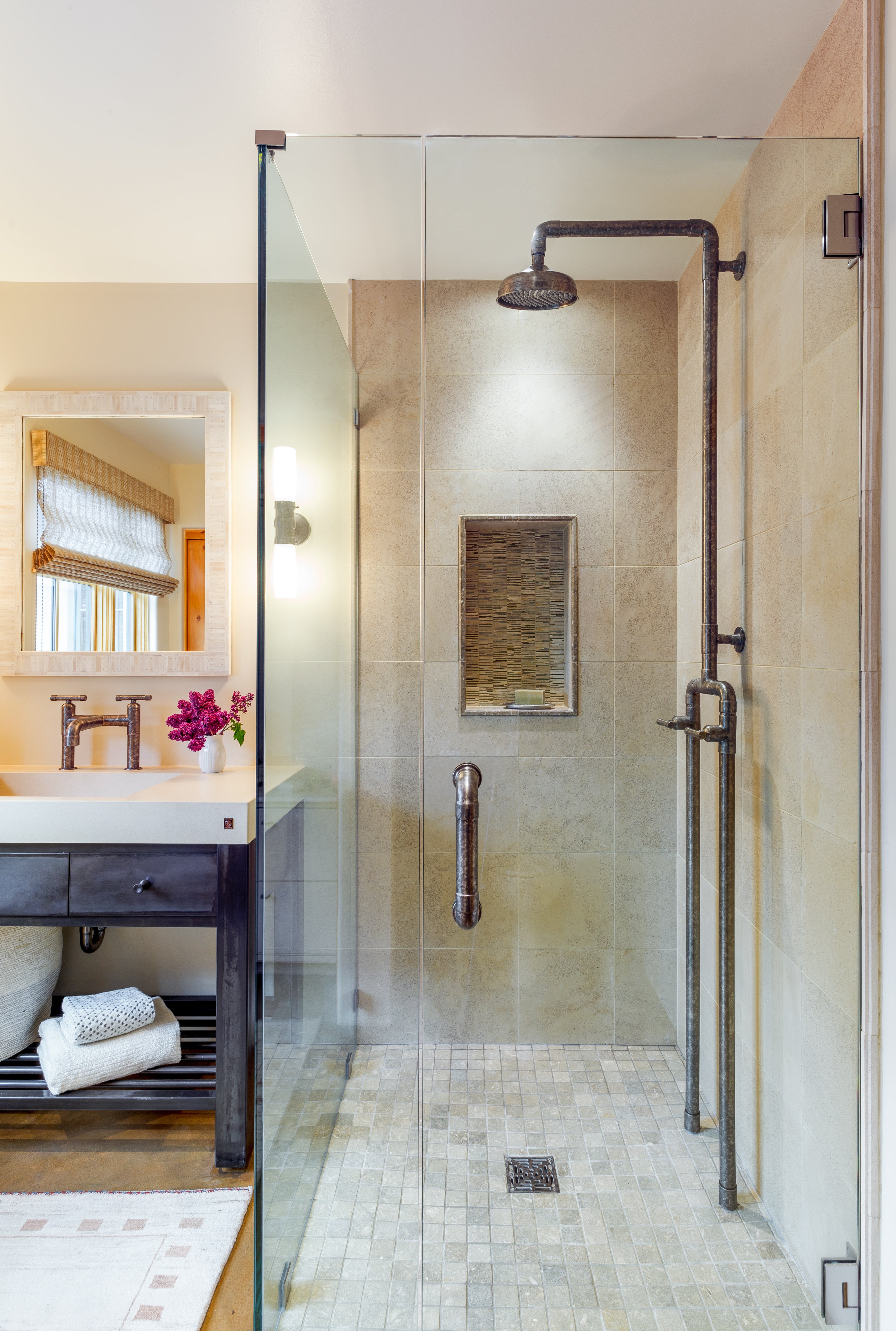 Premium Floor Mount Exposed Shower System with Adjustable Rainhead - Luxury Bathroom Upgrade for Spa-Like Experience