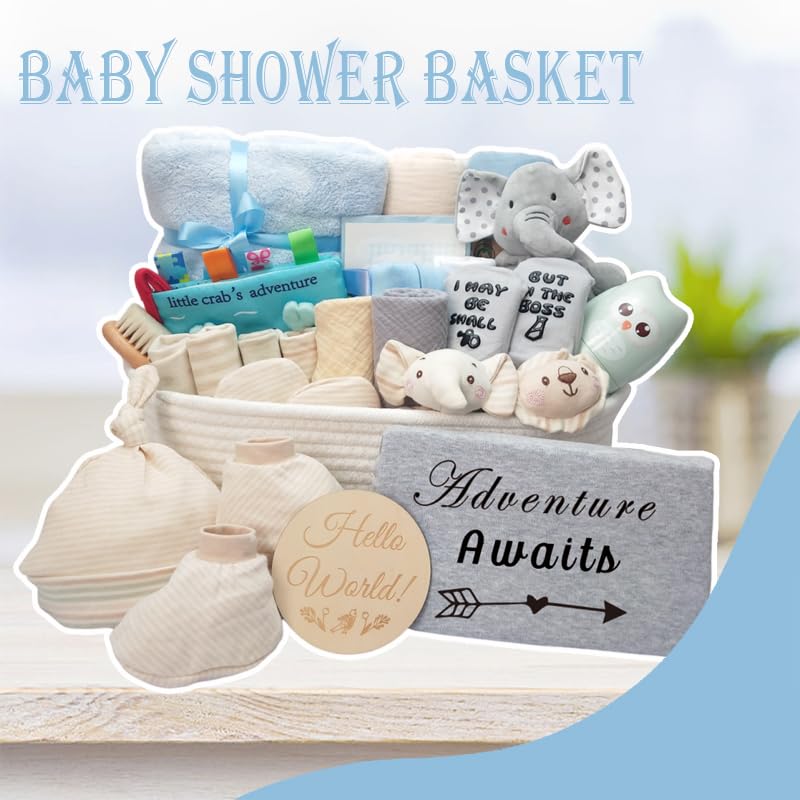 27-Piece Baby Shower Gift Set for Boys - Newborn Essentials Kit with Rattle, Swaddle & Diaper Caddy Organizer - Blue Baby Boy Gift Basket - Perfect for Gender Reveal, Baby Registry & Nursery Organization