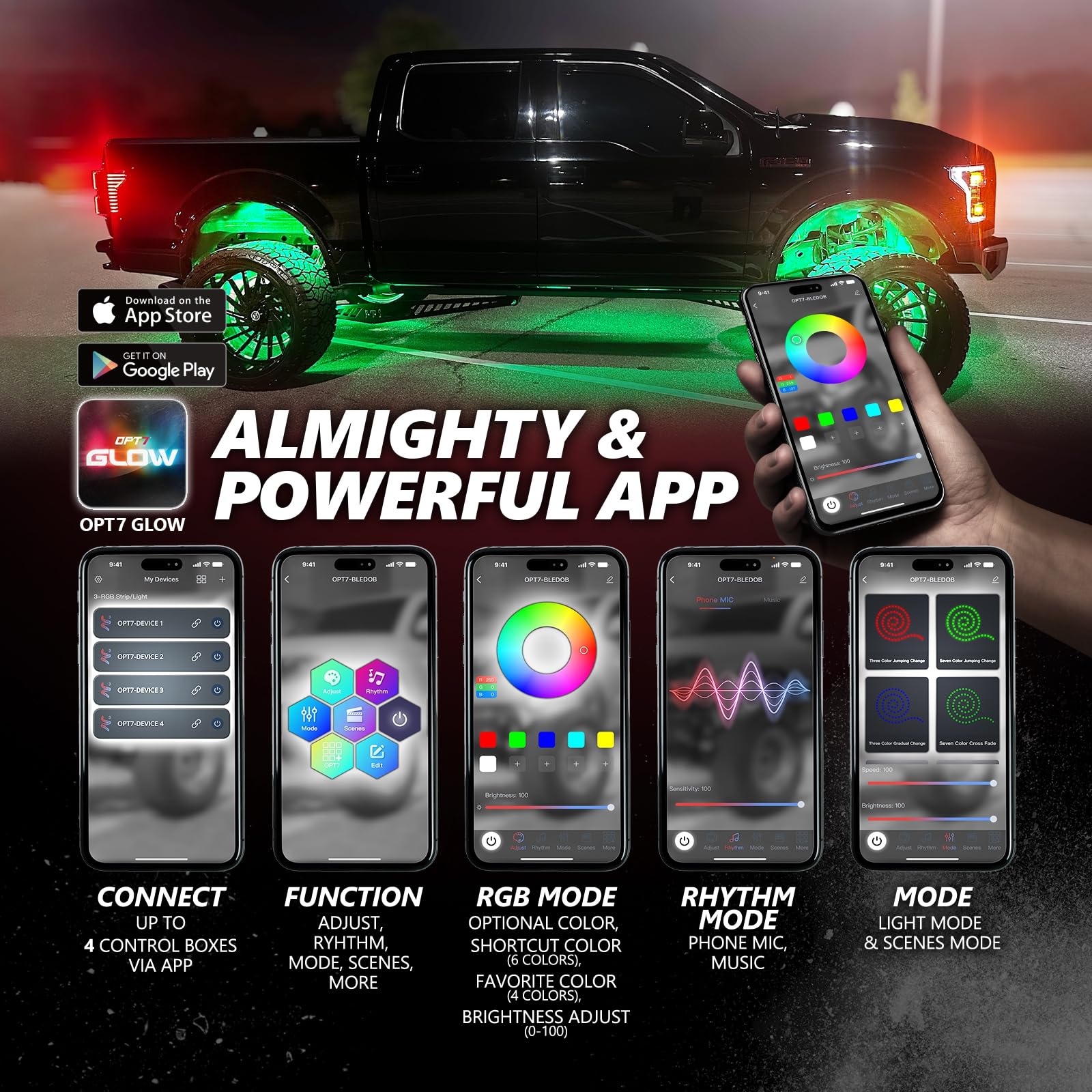 OPT7 Photon RGB LED Magnet Rock Lights - 8 Pods Multicolor Underglow Lighting Kit with APP & Remote Control, IP68 Waterproof for Offroad Vehicles (Truck, Jeep, RZR, ATV, UTV) - Perfect for Night Offroading, Car Shows & Custom Vehicle Lighting
