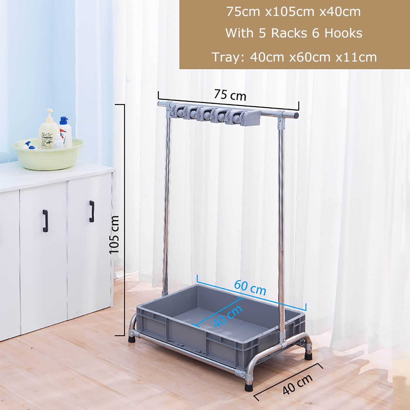 Adjustable Broom and Mop Holder with 5 Racks & 6 Hooks - Wall Mounted or Floor Standing Wet Mop Storage Organizer for Garage, Kitchen, Bathroom - Heavy Duty Cleaning Tool Cart for Home, School, Hospital, Hotel, and Office Use
