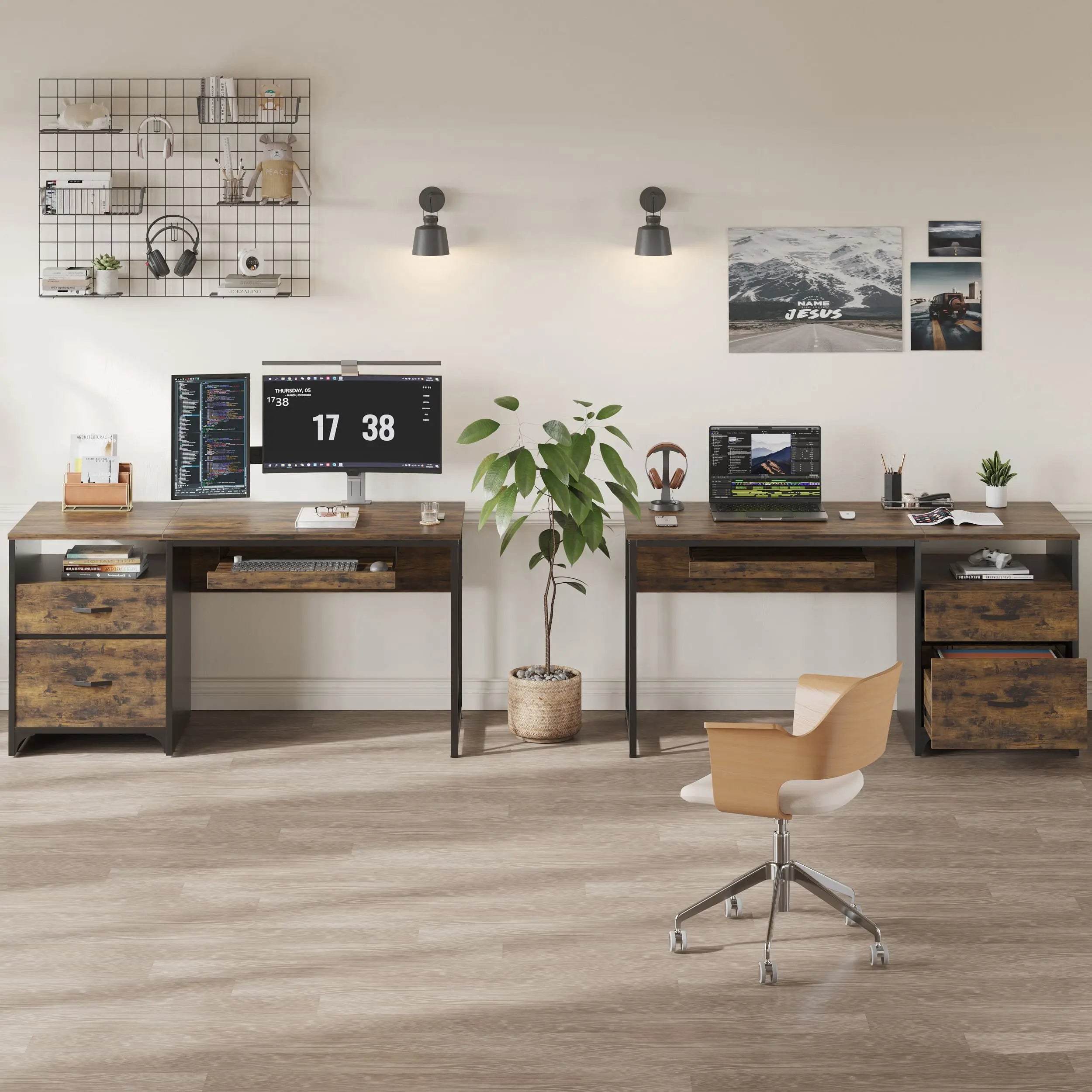 Bestier 55 Inch Industrial Office Computer Desk with Storage Shelf - Modern L-Shaped Writing Desk for Home Office, Gaming & Study - Sturdy Metal Frame Workstation with Drawers & Open Storage Space