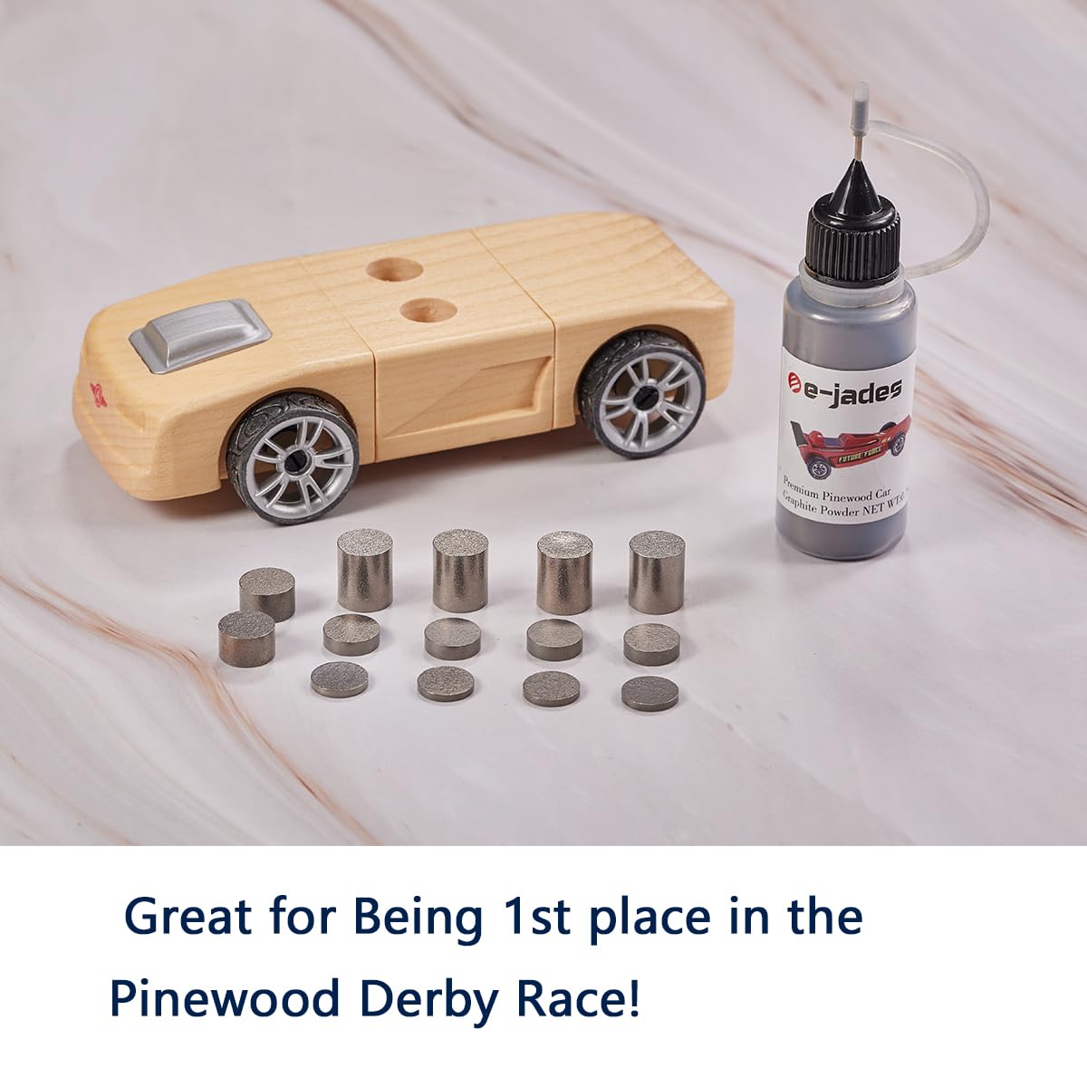 Pinewood Derby Car Kit - 3.25OZ Tungsten Weights (14 Pieces, 4 Sizes) & 0.5OZ Graphite Powder Lubricant for Speed - Perfect for Pinewood Derby Racing, Boy Scouts Competitions, and DIY Wooden Car Projects