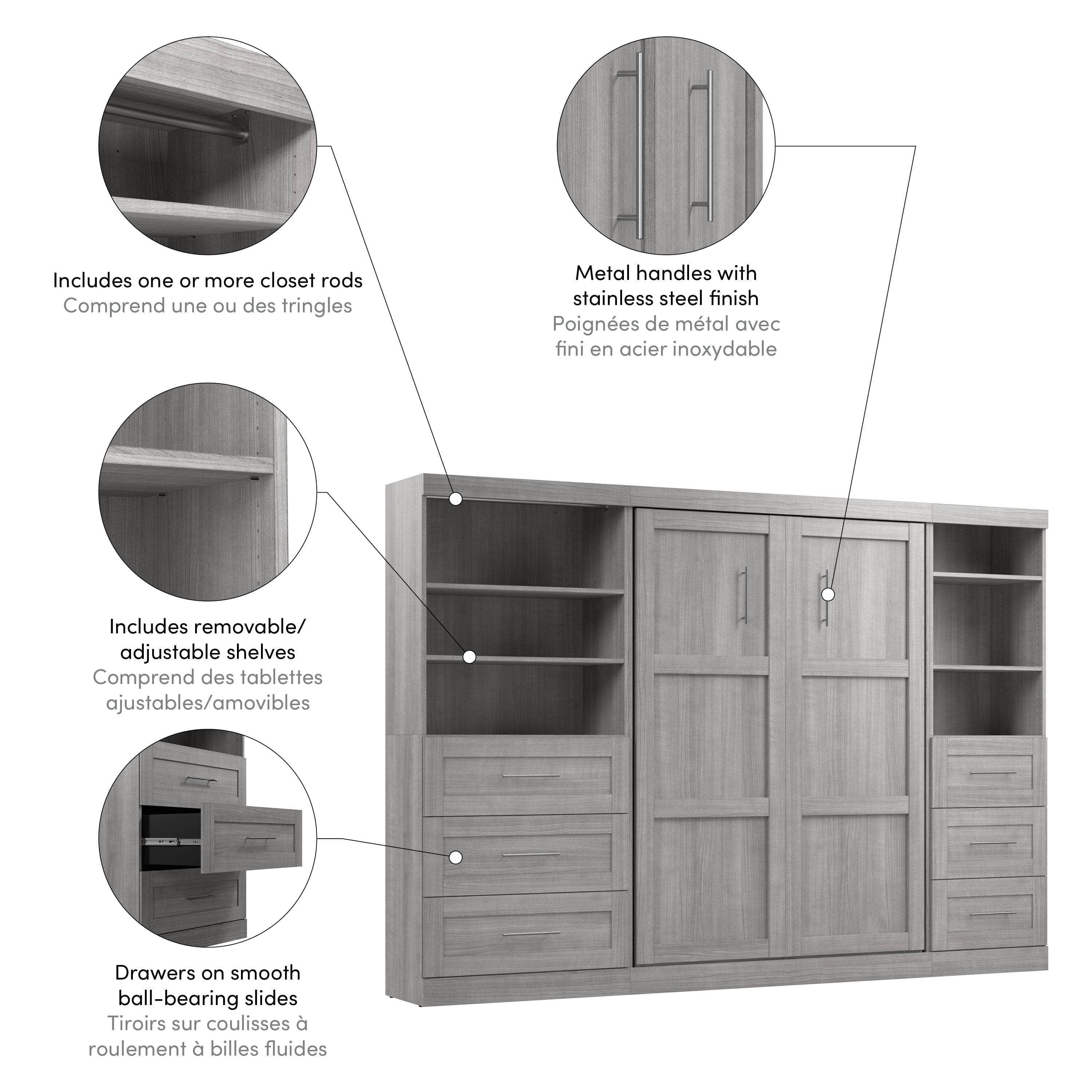Pur Full Murphy Wall Bed with 2 Storage Units & Drawers (120 Inch) - 5 Color Options | Space-Saving Wall Bed for Small Apartments & Guest Rooms