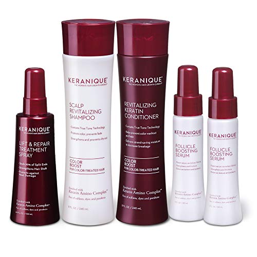 Keranique Color Boost Anti-Hair Loss Kit with Hair Growth Shampoo & Conditioner for Color-Treated Thinning Hair - Includes Lift & Repair Spray + Follicle Boosting Serum (60 Day Supply) - Revitalize & Strengthen Color-Treated Hair for Fuller, Healthier Locks - Perfect for Daily Hair Care Routine & Post-Color Treatment Recovery