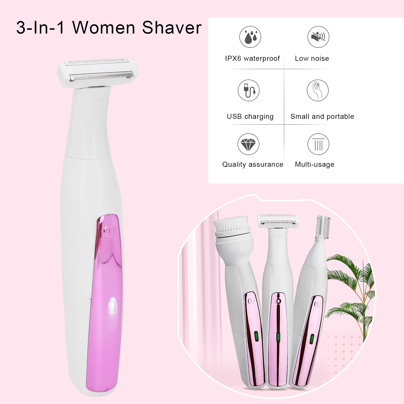 Women's 3-in-1 Electric Razor & Trimmer for Face & Eyebrows - Skin Care & Hair Removal