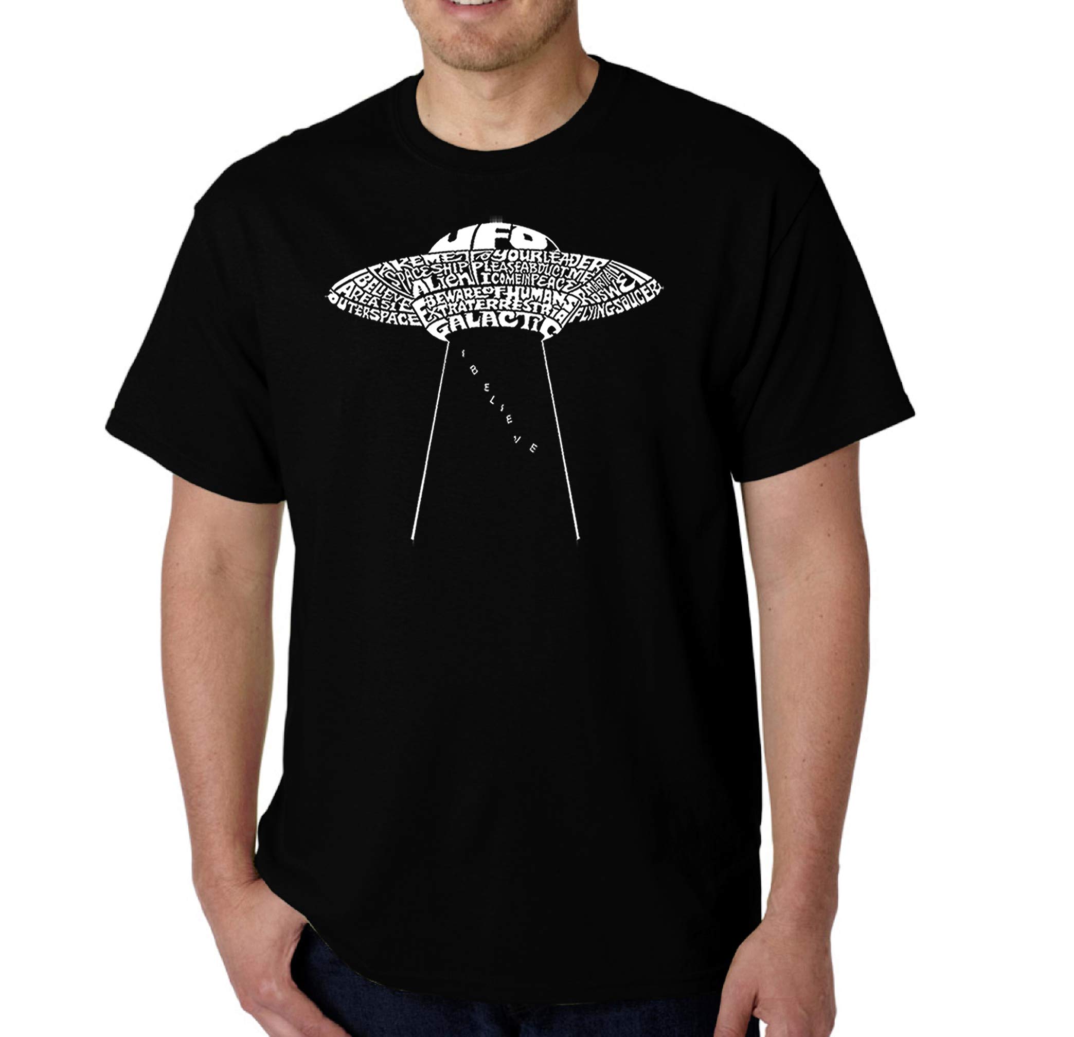 LA POP ART Men's Word Art Graphic T-Shirt - Flying Saucer UFO Design | Cool Casual Streetwear for Everyday Wear & Sci-Fi Events