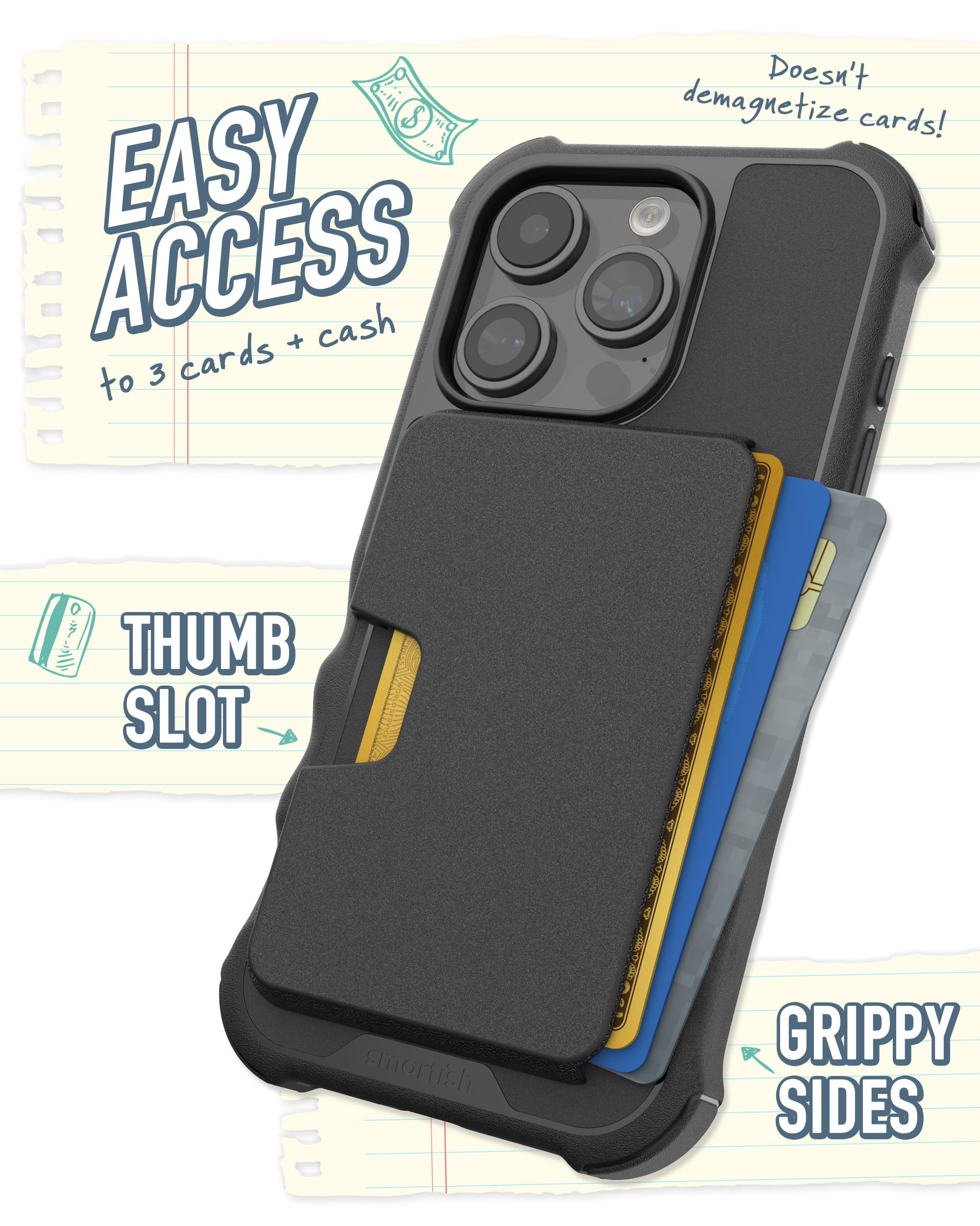 Smartish iPhone 15 Pro Case with Wallet & MagSafe Compatibility - Heavy Duty Armor Grip Cover with Detachable Magnetic Card Holder (Black) - Perfect for Everyday Protection & Secure Card Storage