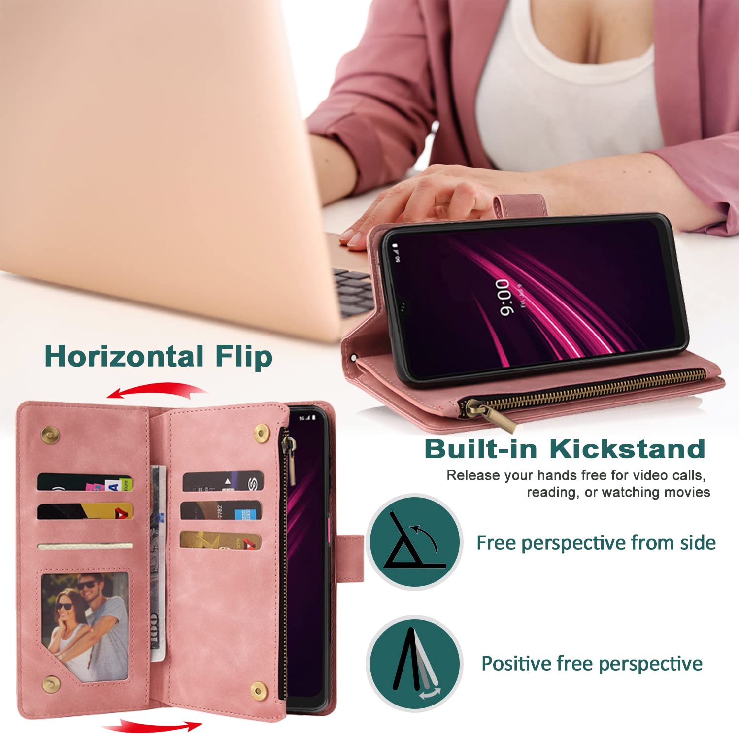 Premium PU Leather Zipper Flip Wallet Case for T-Mobile REVVL 6/6X 5G - RFID Blocking with Wrist Strap & Magnetic Closure | Protective Phone Cover for Daily Use, Travel & Business (Pink)