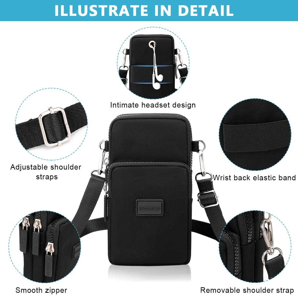 PALAY® Women's Small Crossbody Phone Bag - Adjustable Shoulder Strap Mini Wallet Clutch with Zipper Pouch, Armband Case (Black) - Perfect for Everyday Use, Travel, Shopping & Parties