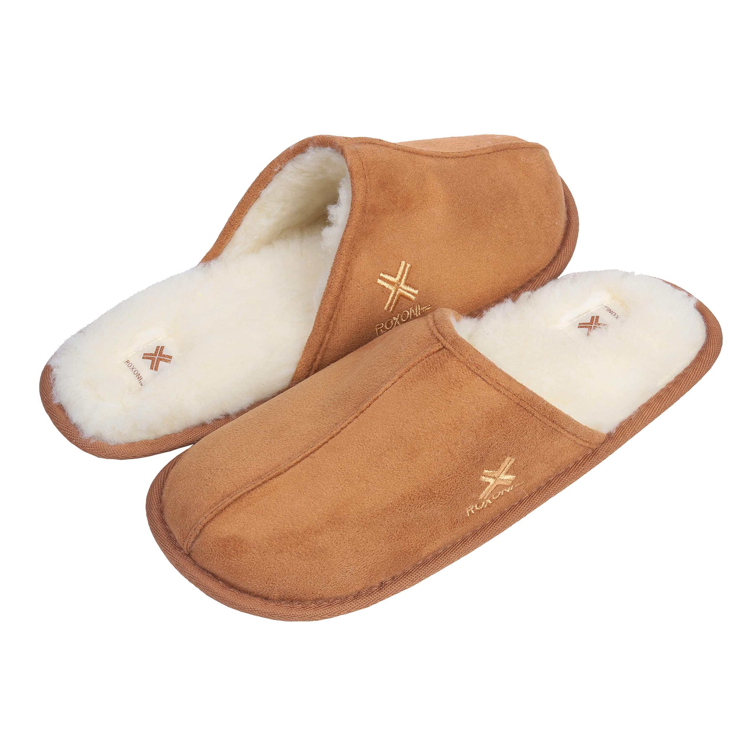 Roxoni Men's Suede Faux Sheepskin Lined House Slippers - Warm Winter Indoor Slippers for Home, Office & Relaxation