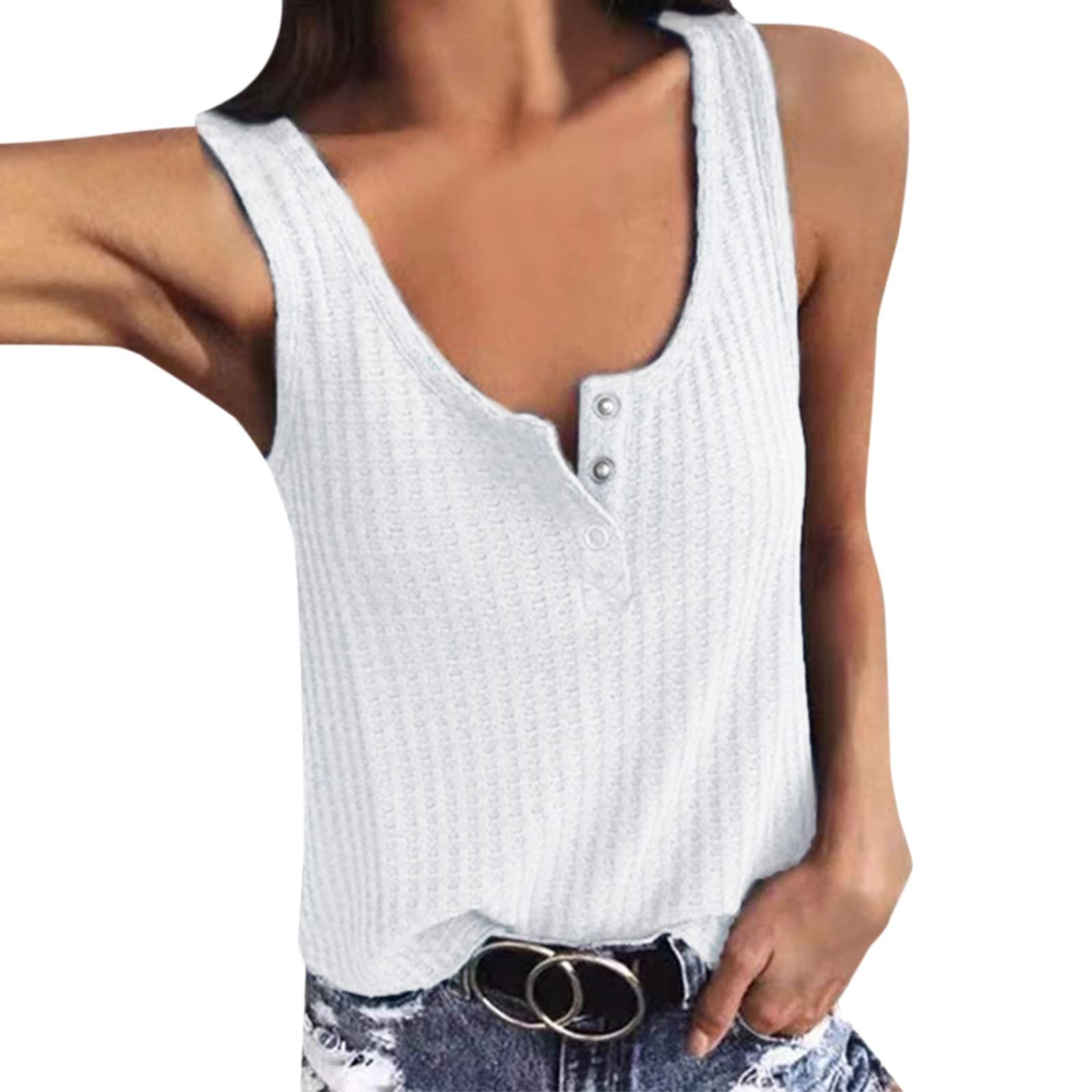 Women's Summer Waffle Knit Tank Tops - V Neck Henley Sleeveless Button-Up Blouses & Loose Tunic Tops | Casual Beach Wear, Vacation Outfits, Layering Vests