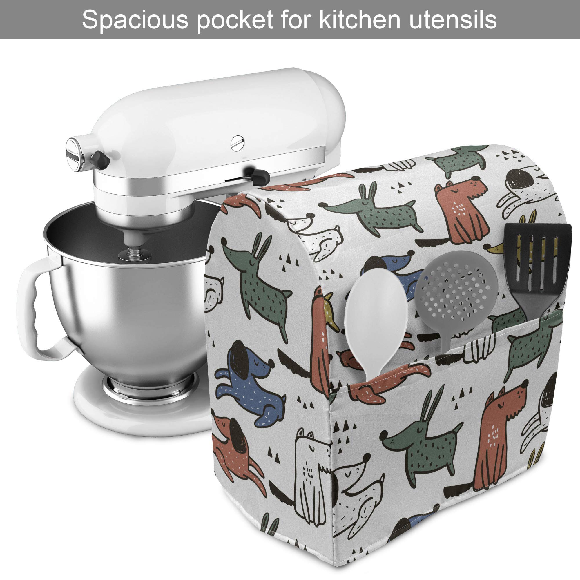 Ambesonne Funny Puppies Stand Mixer Cover - Pastel Pet Doodle Design, Vet Clinic & Kitchen Appliance Organizer with Pocket (Fits 6-8 Quarts, Multicolor) - Perfect for Baking, Cooking & Kitchen Organization