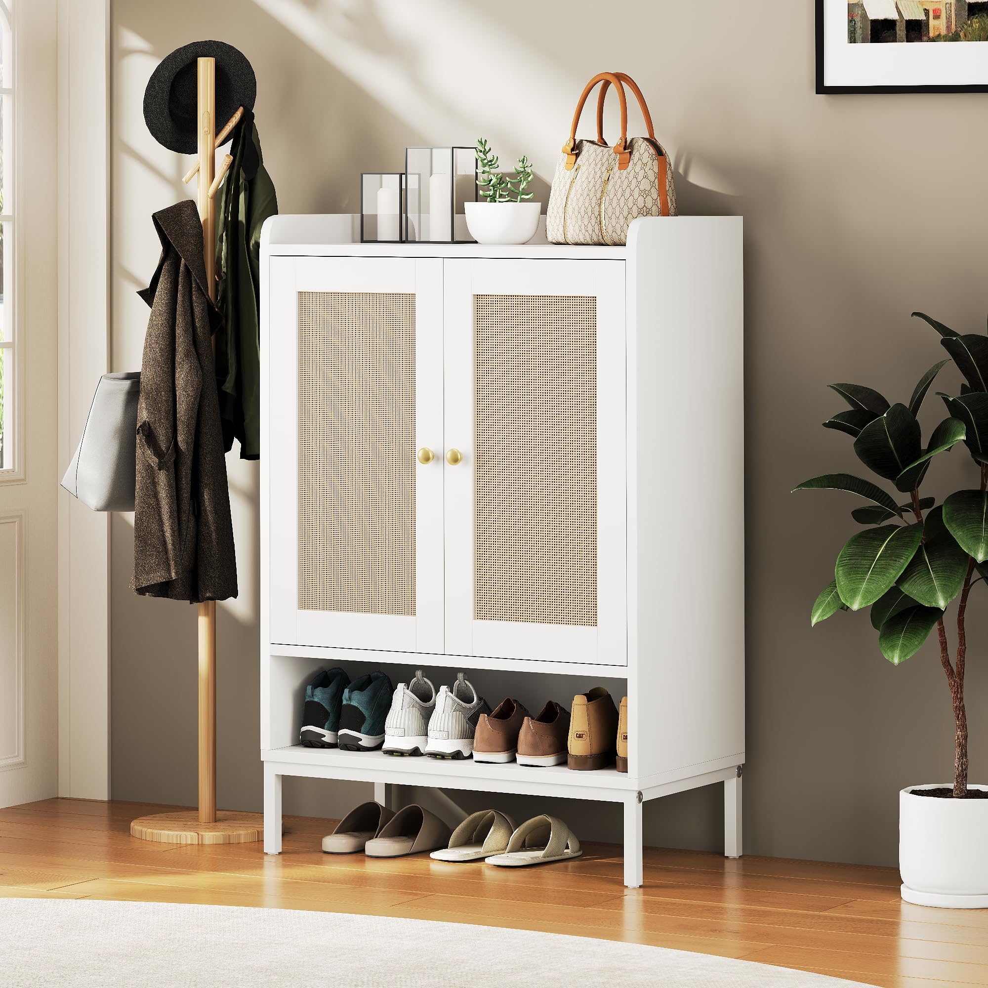 White 5-Tier Rattan Shoe Cabinet with Adjustable Shelves - Entryway Shoe Storage Organizer for 20 Pairs - Perfect for Hallway, Closet & Living Room - Space-Saving Home Decor Solution