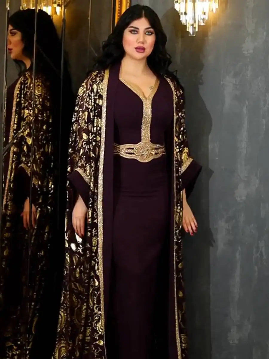 Elegant 2-Piece Muslim Women's Eid Caftan Dress Set with Inner Sleeveless Dress - Perfect for Eid Celebrations, Weddings & Special Occasions