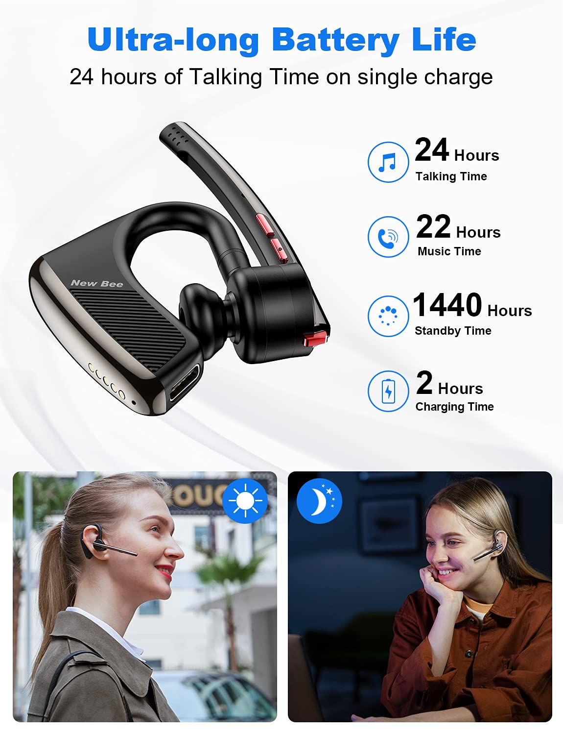 New Bee Bluetooth 5.2 Wireless Headset with CVC8.0 Noise Cancelling, Dual Mic, 24H Talktime - Hands-Free Business Headset for iPhone/Android - Perfect for Office Calls, Driving & Remote Work