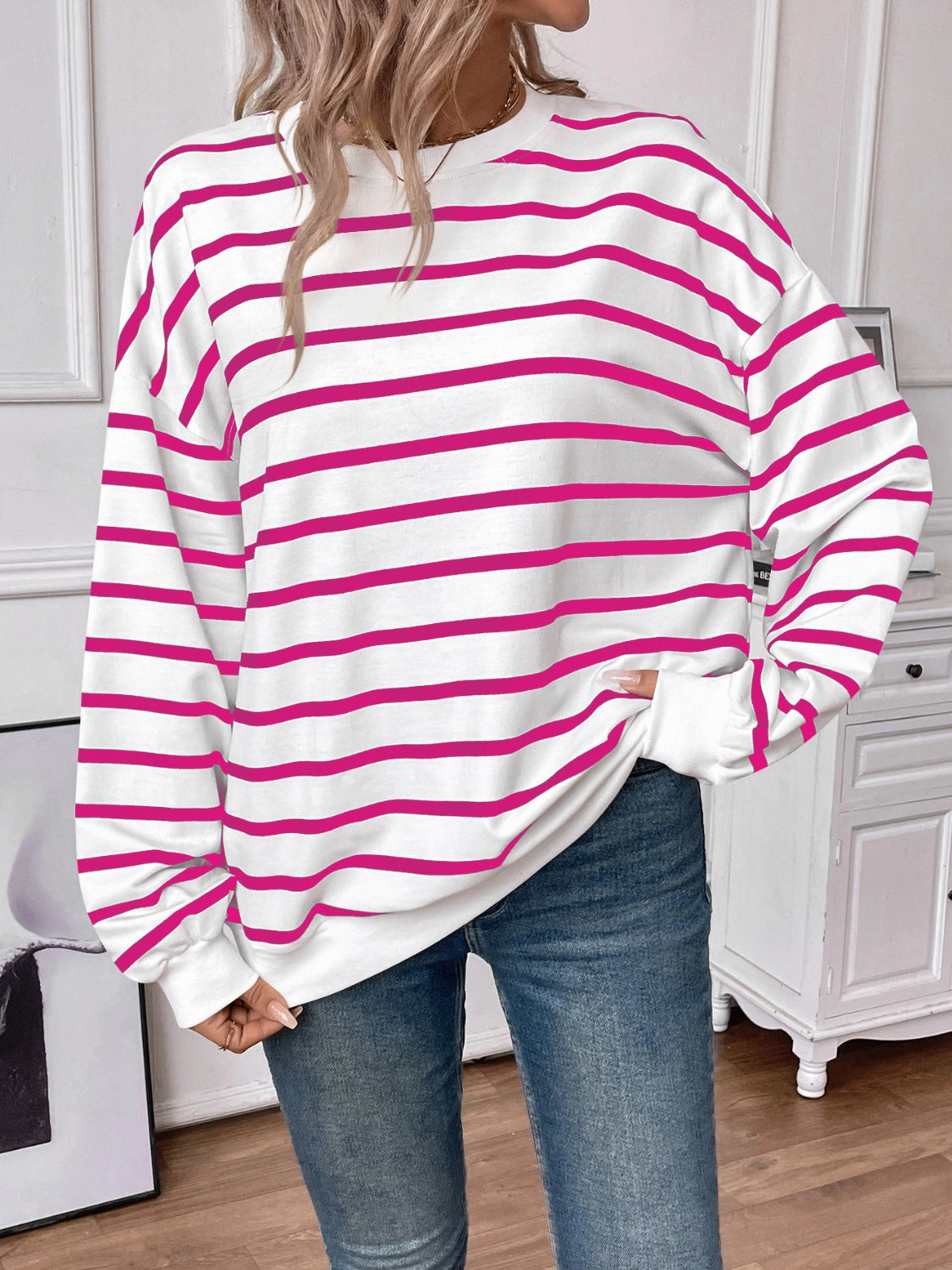 Lovelet Striped Round Neck Long Sleeve Sweatshirt for Women - Cozy Casual Pullover Top for Fall & Winter - Perfect for Lounge, Workout, and Everyday Wear