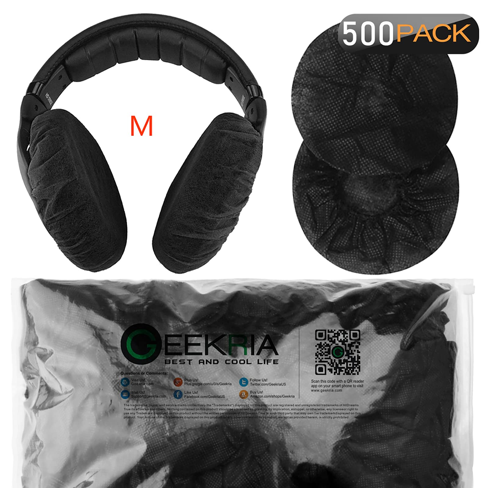 Geekria 500 Pairs Disposable Headphone Ear Covers for Over-Ear Headphones - Stretchable Hygienic Earpad Protectors for MRI Headsets, Sanitary Ear Cushion Covers (Medium/Black) - Ideal for Hospitals, Salons, Gyms & Shared Headphone Use