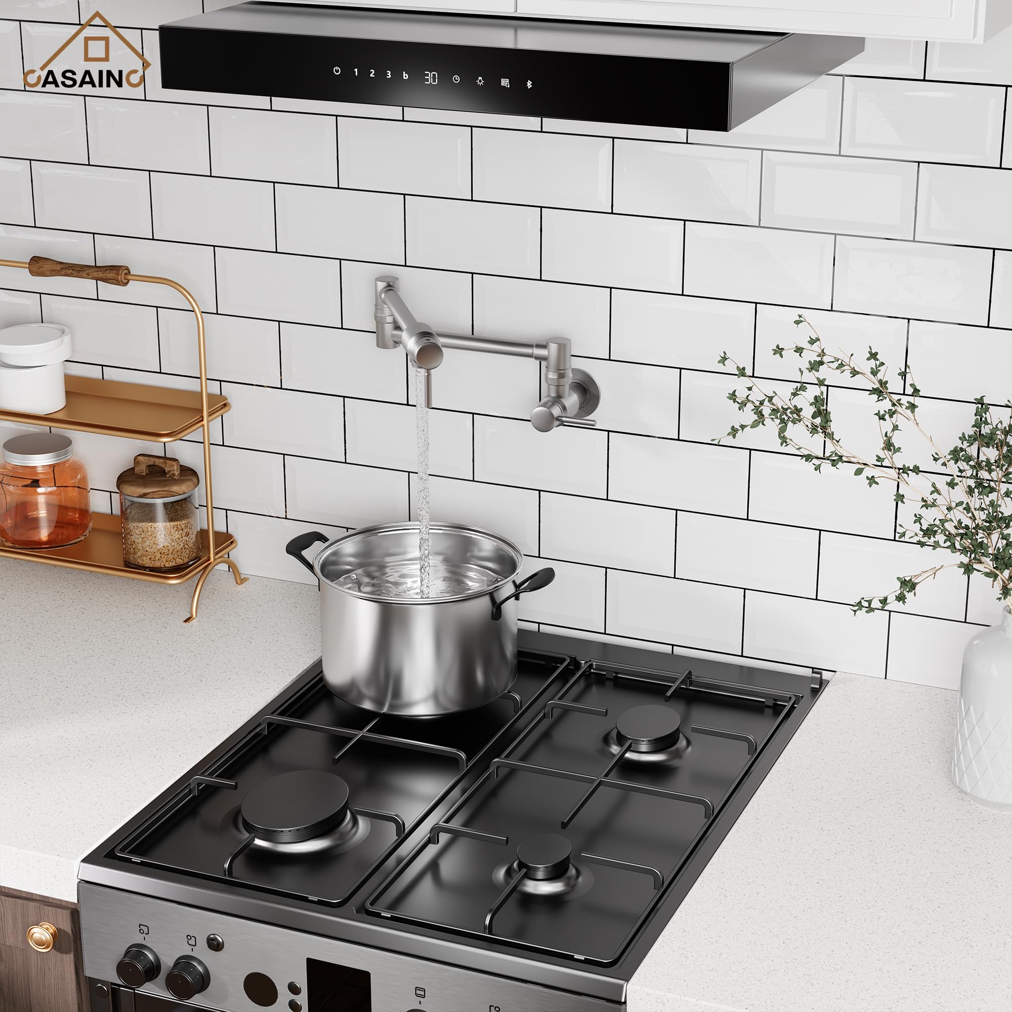 CASAINC Brushed Nickel Commercial Wall Mount Pot Filler Kitchen Faucet - Brass Swing Arm Stove Faucet with Double Joint for Easy Cooking | Perfect for Home Kitchens, Restaurants & Outdoor Cooking Stations