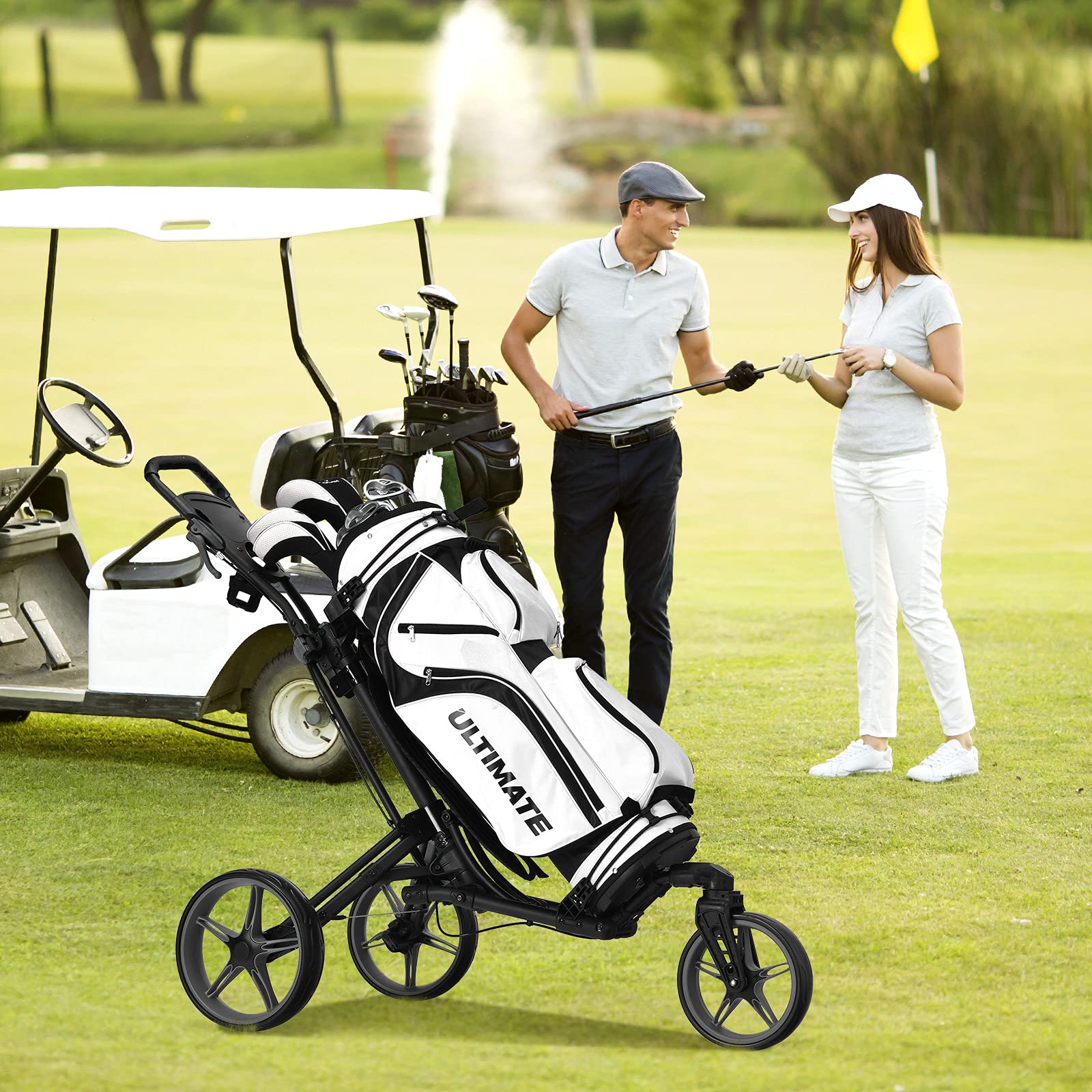 3-Wheel Professional Golf Push Cart - Foldable Walking Golf Cart with Universal Front Wheel & Adjustable Handle | Lightweight Portable Golf Trolley for Caddy & Clubs | Includes Scoreboard | Perfect for Golf Courses, Driving Ranges & Outdoor Practice