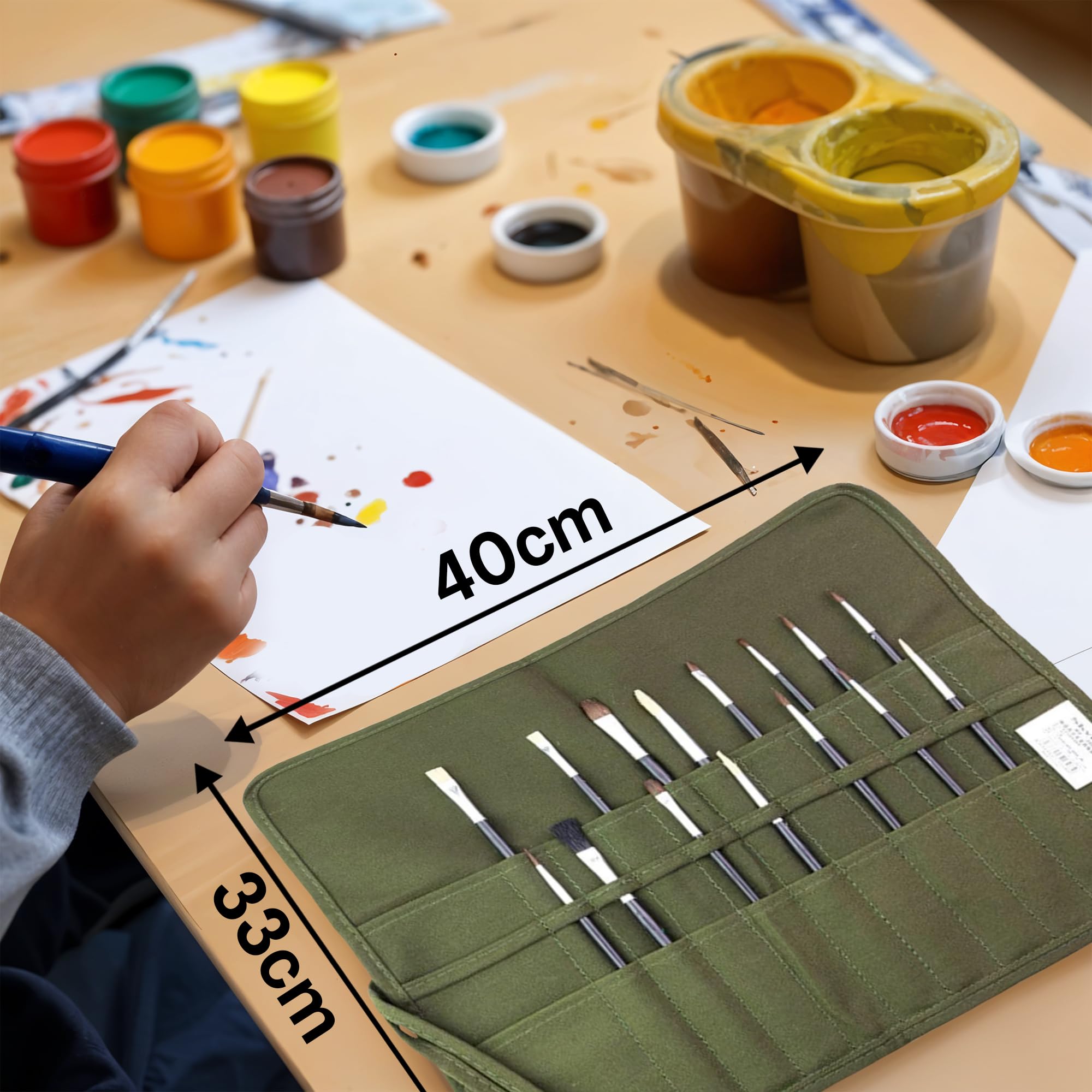 Custom Personalized Paint Brush Holder for Artists - Engraved Name Canvas Brush Organizer for Acrylic, Oil & Watercolor Brushes - Army Green Roll Pouch Holds 100 Brushes - Perfect for Art Studios, Painting Classes & Travel