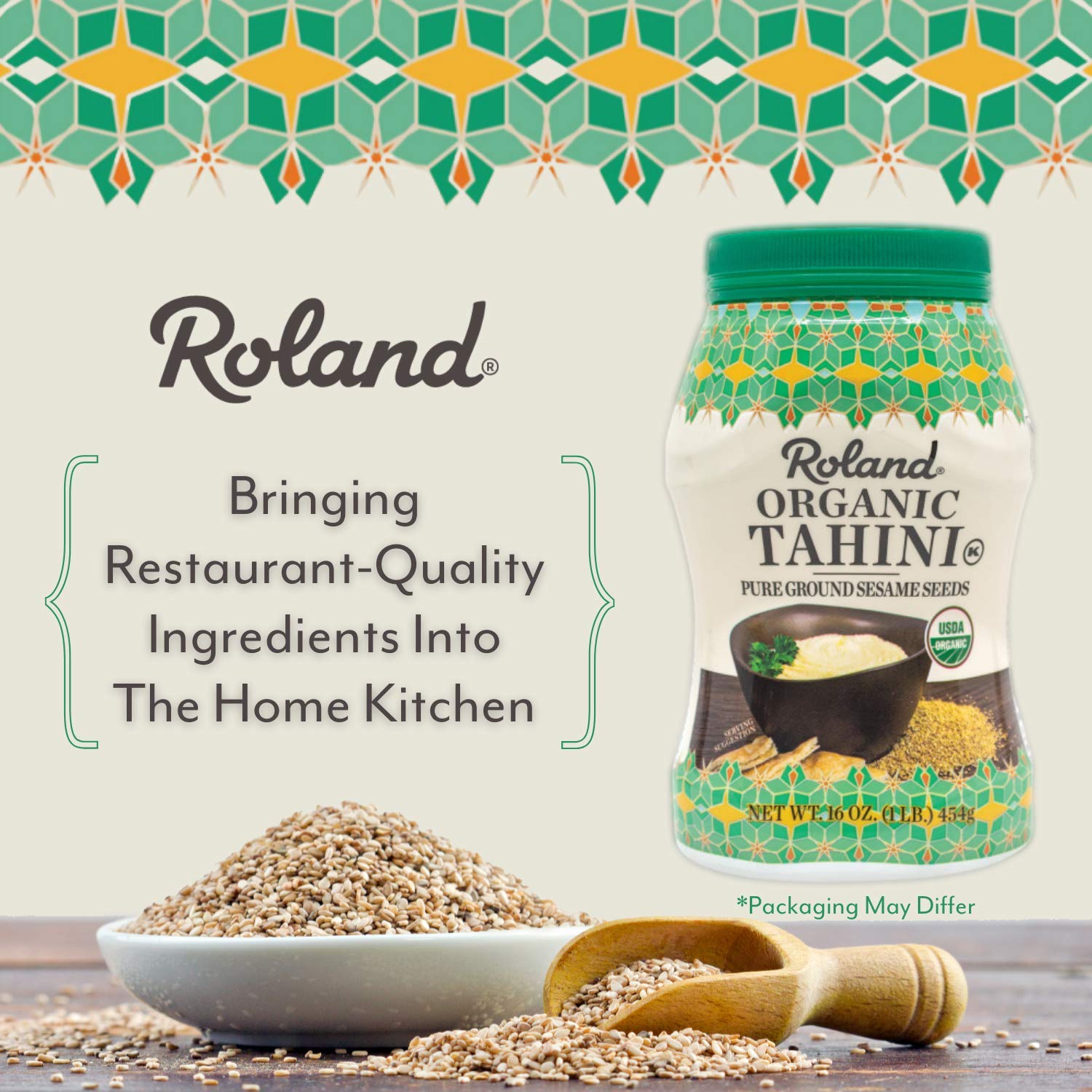 **Organic Tahini by Roland Foods - Pure Ground Sesame Seeds, 16 oz Jar (Pack of 3) - Perfect for Hummus, Dressings & Baking**