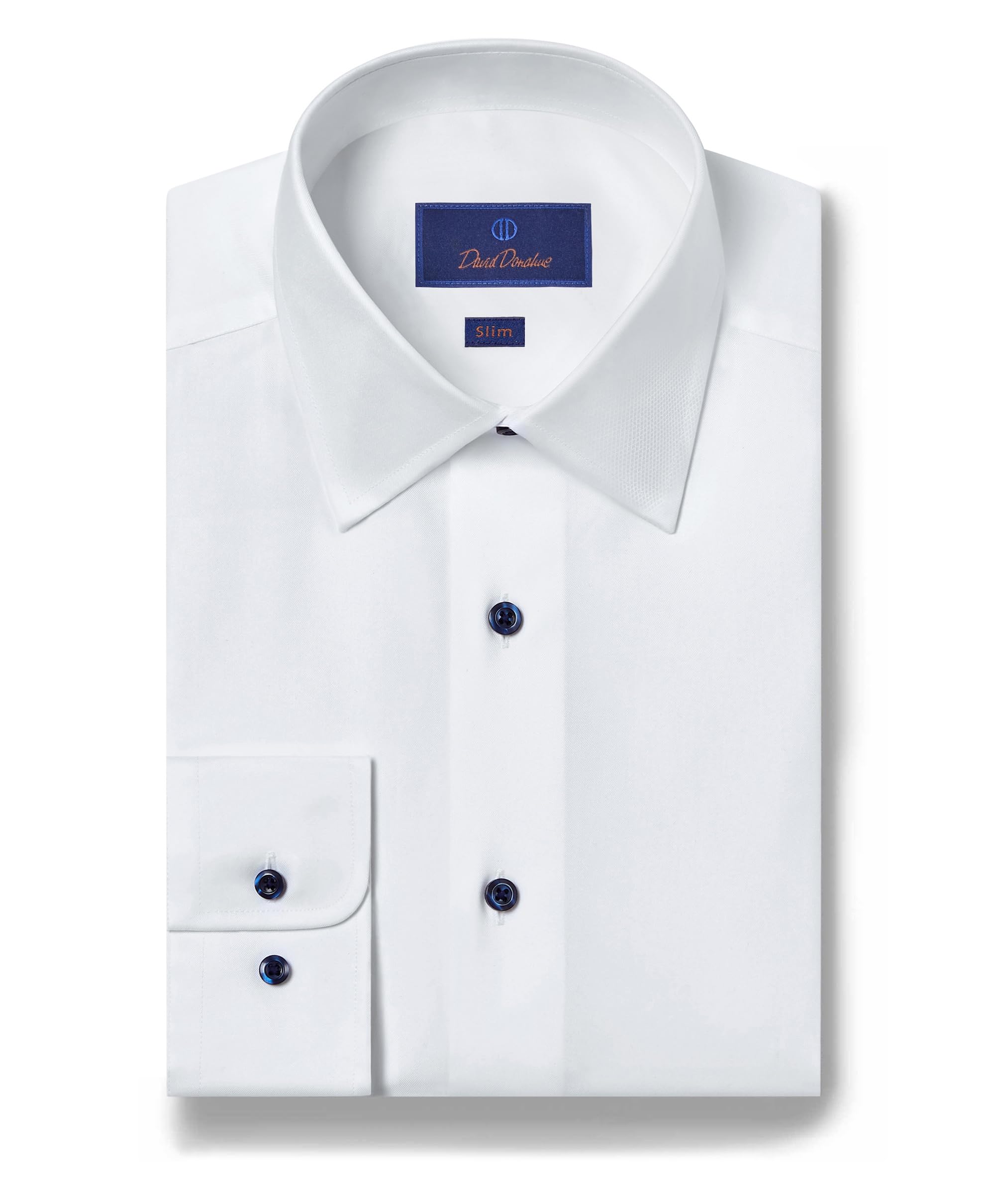 Men's Slim Fit Long Sleeve Dress Shirt - White Fine Twill with Blue Buttons, 15.5