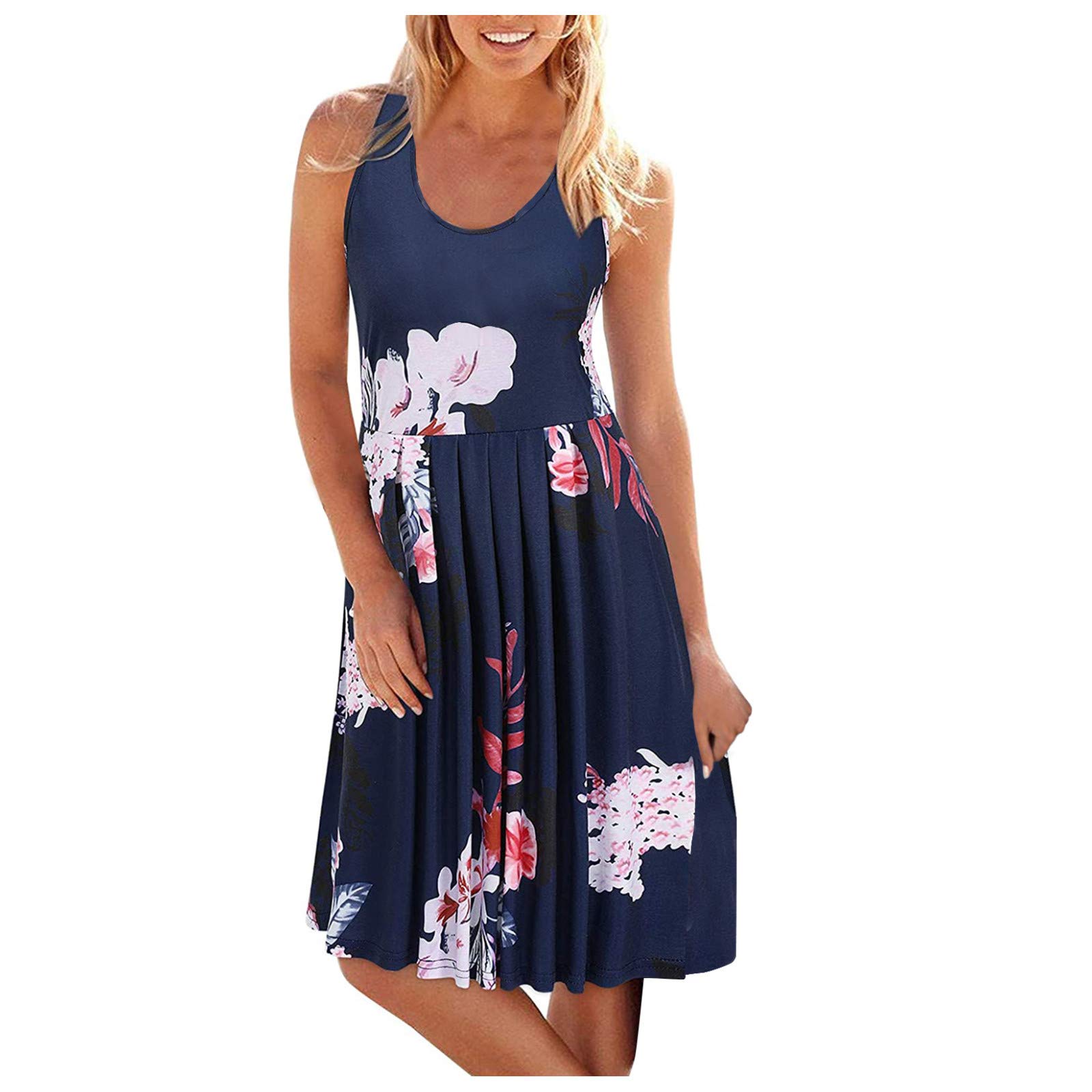 Women's Sleeveless Floral Print Midi Dress - Summer Casual Loose Pleated Sun Dress for Beach, Wedding, Party & Vacation | Elegant Flowy Vest Dress for Outdoor Events, Date Night & Tropical Getaways