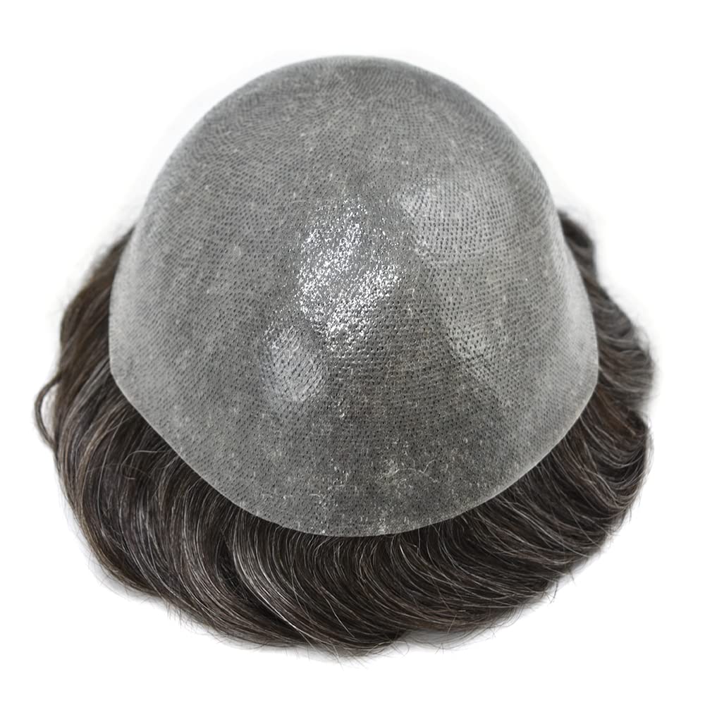 Men's Toupee Hair System - 0.1-0.12mm PU Base with European Remy Human Hair - Natural Looking Hair Replacement for Thinning Hair - 7x9 Size in #230#2 Dark Brown with 30% Synthetic Grey (120% Density) - Perfect for Daily Wear, Special Occasions & Confidence Boosting