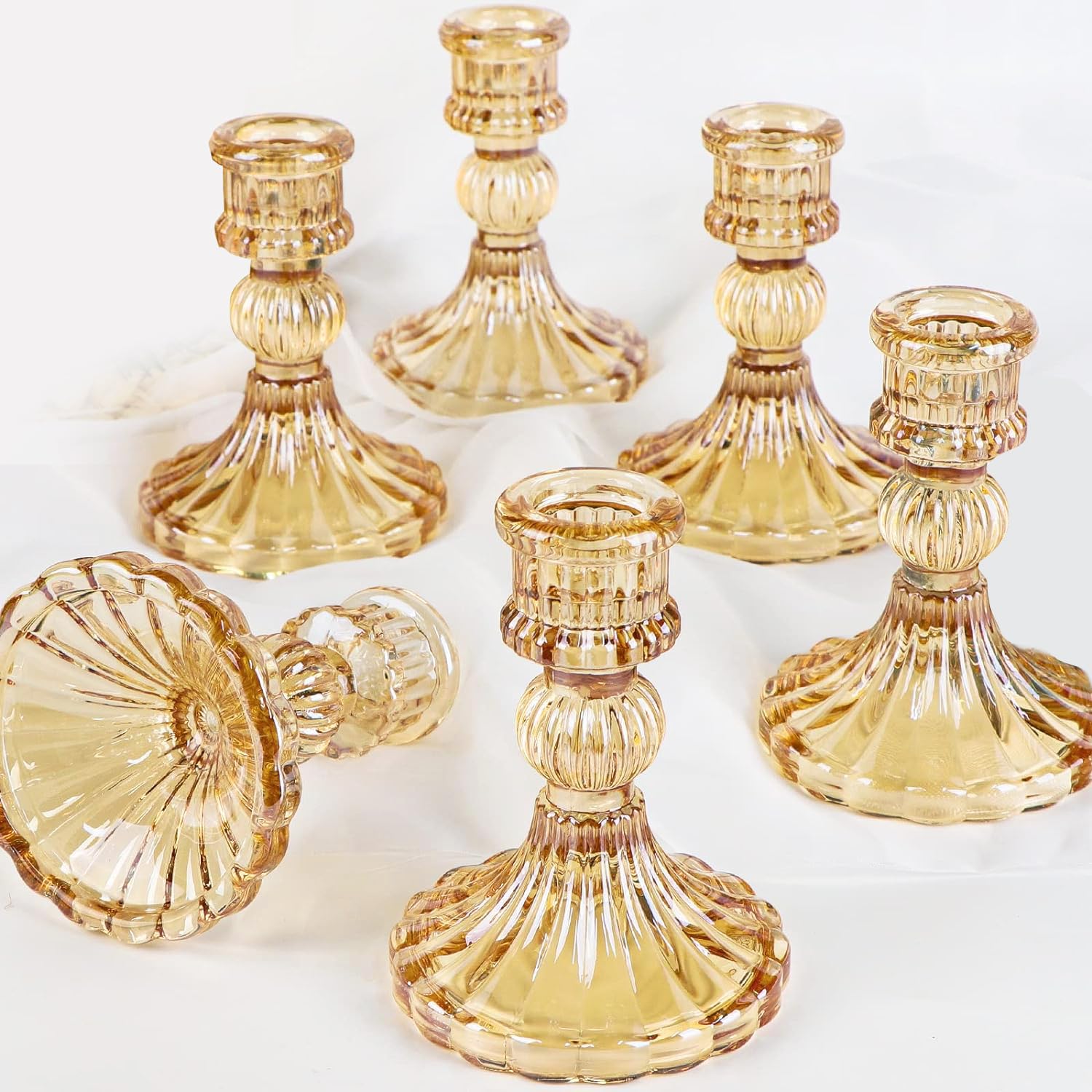Set of 6 Gold Taper Candle Holders - Vintage Glass Candlesticks for Wedding Centerpieces, Home Decor & Christmas Table Settings - Elegant Dining & Holiday Ambiance Lighting