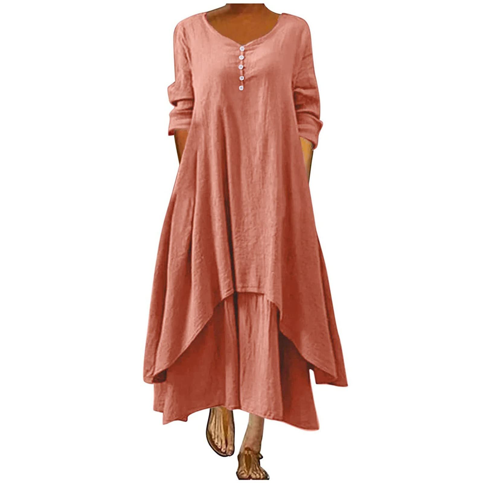 Plus Size Vintage Linen Tunic Dress for Women - Summer Casual Loose Crewneck Half Sleeve Asymmetrical Maxi Dress - Perfect for Beach, Vacation & Boho Style Outfits